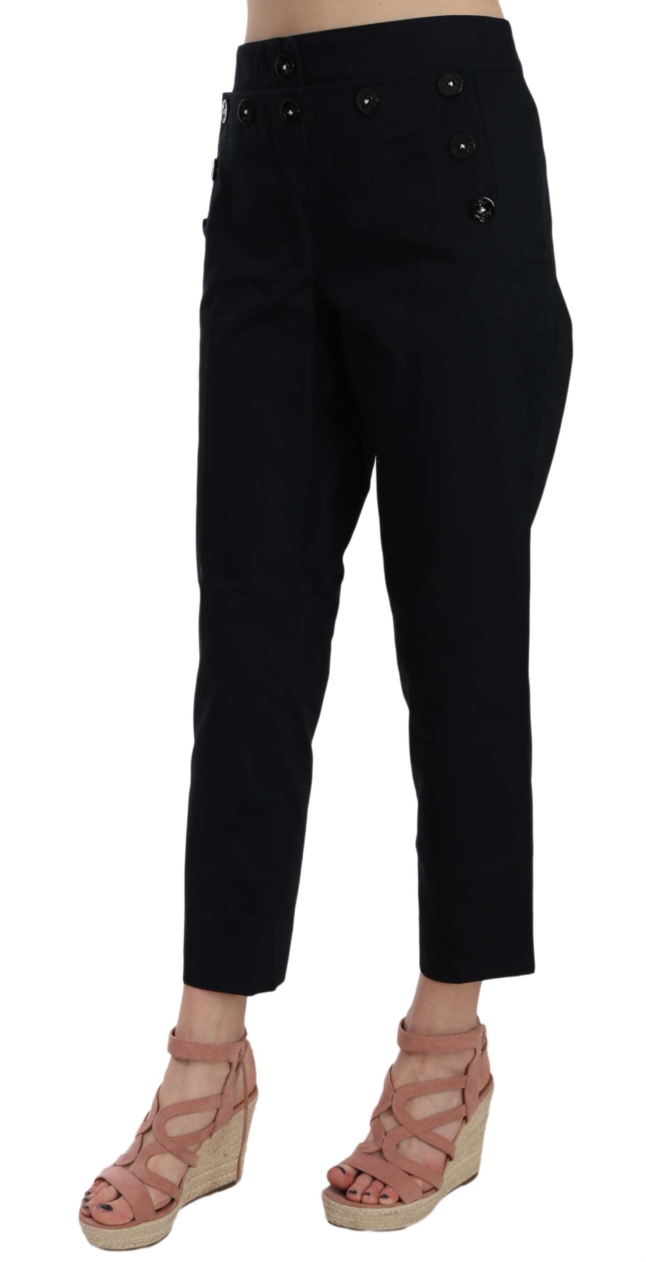 Black Cropped Front Button Embellished Pants - ventzia