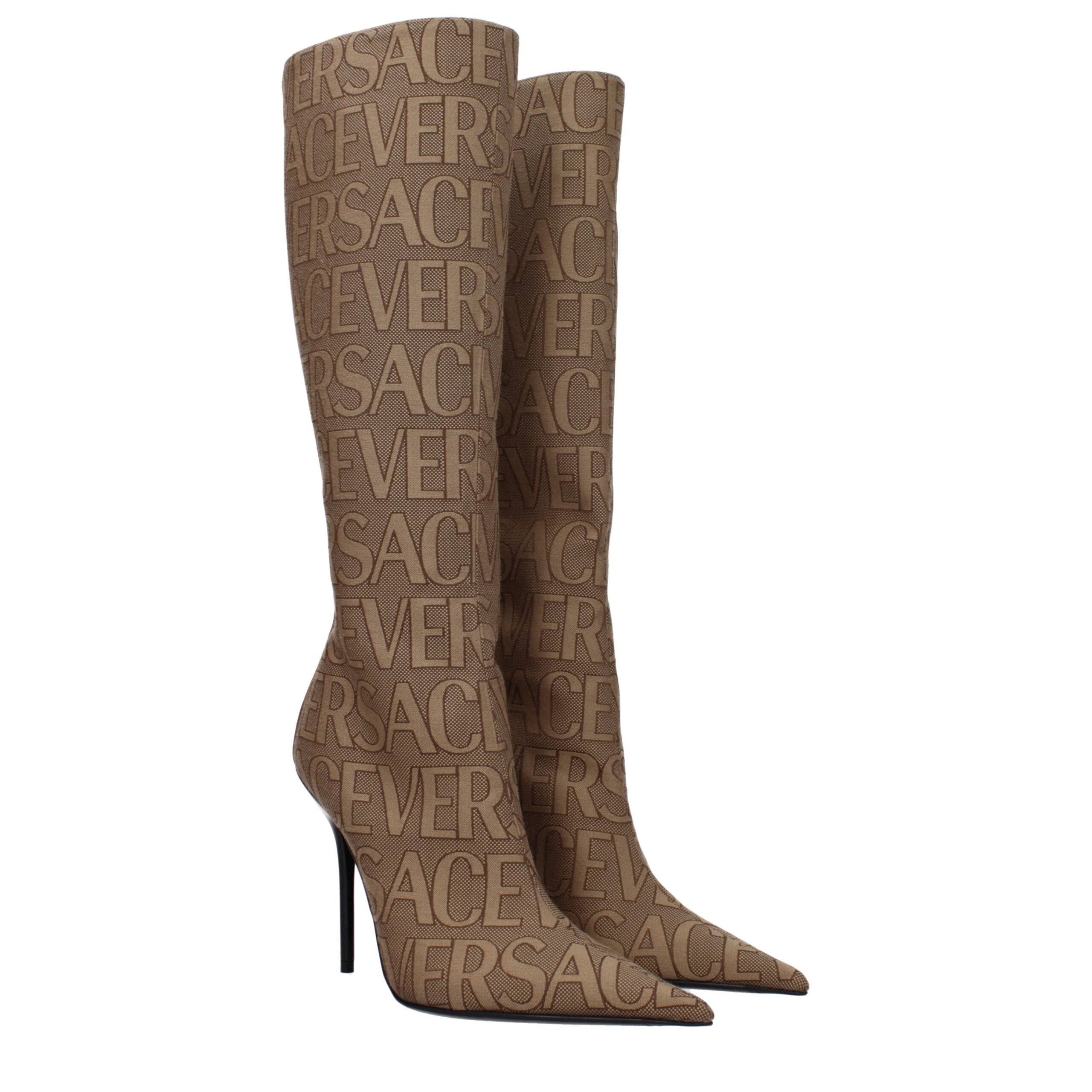 Beige Fabric High Heel Boots