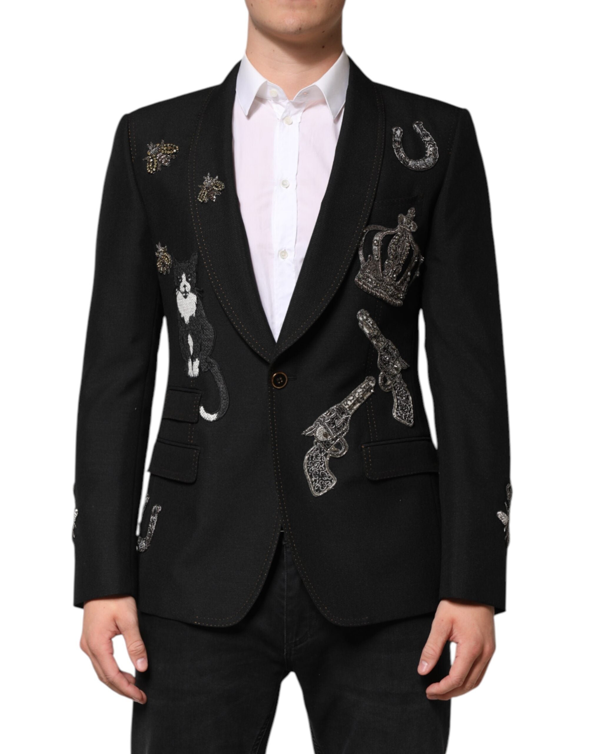 Black Bee Crown Embellished Suit Coat Blazer - ventzia