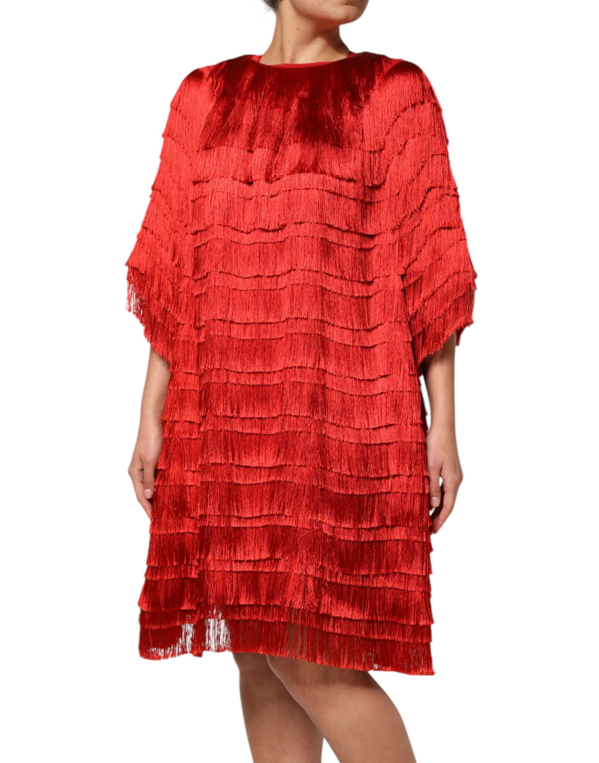 Red Silk Tiers Fringe Shift Knee Length Dress - ventzia