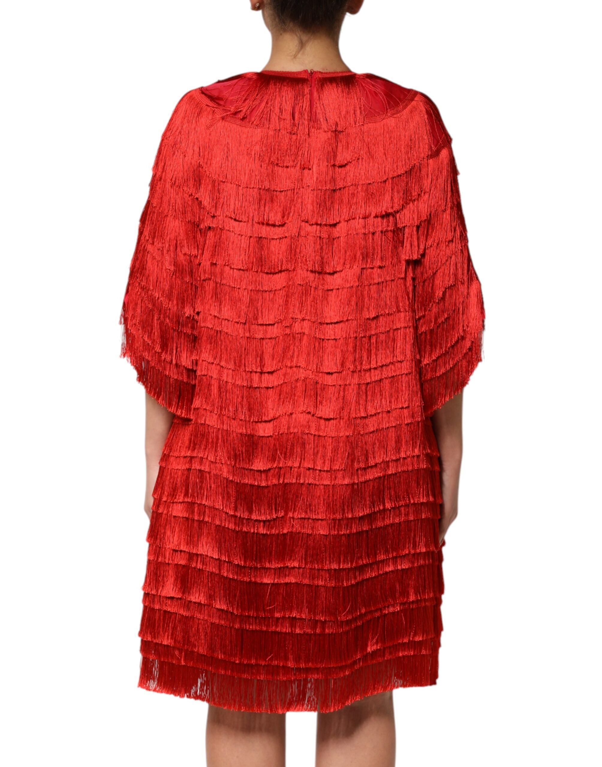 Red Silk Tiers Fringe Shift Knee Length Dress - ventzia