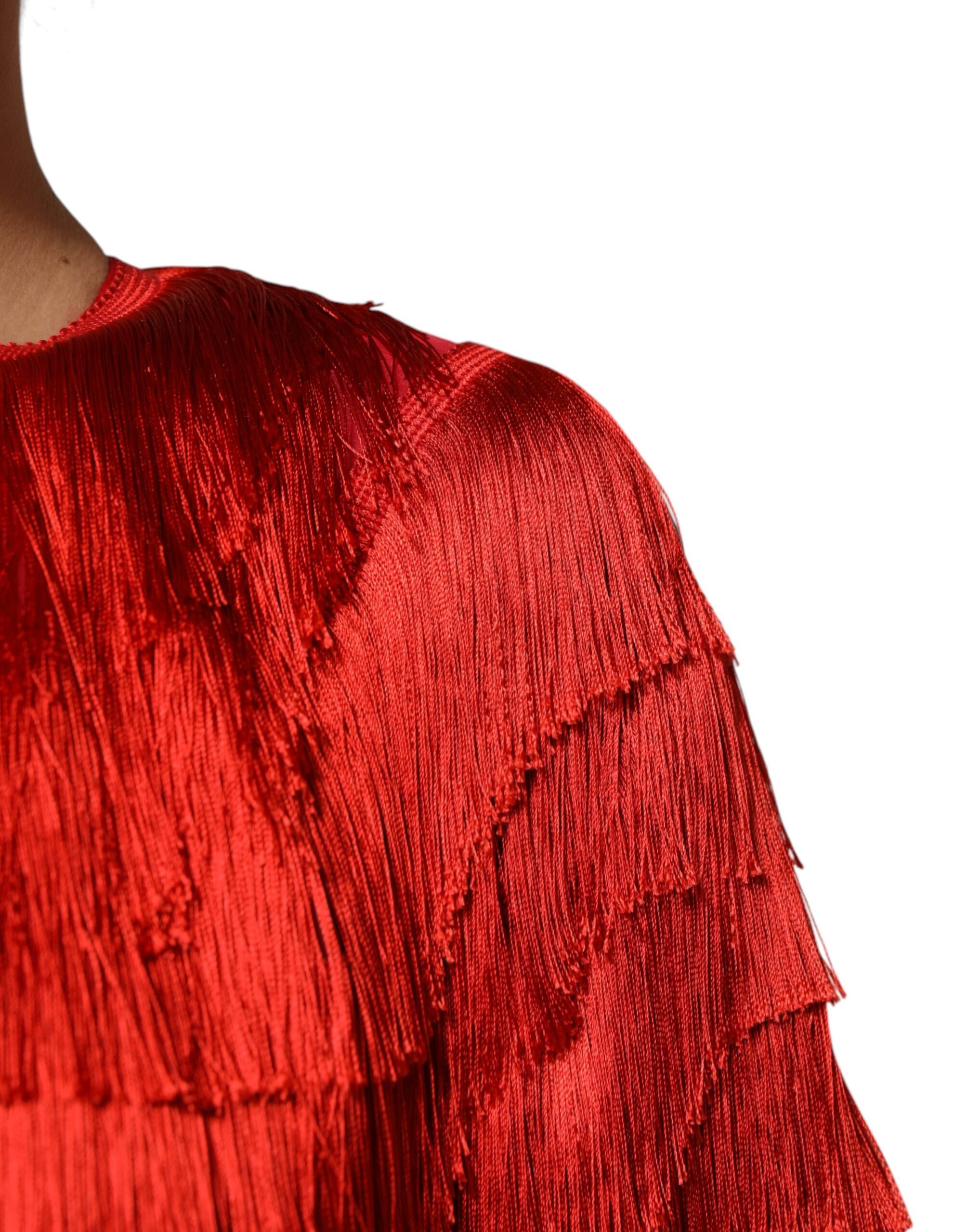 Red Silk Tiers Fringe Shift Knee Length Dress - ventzia