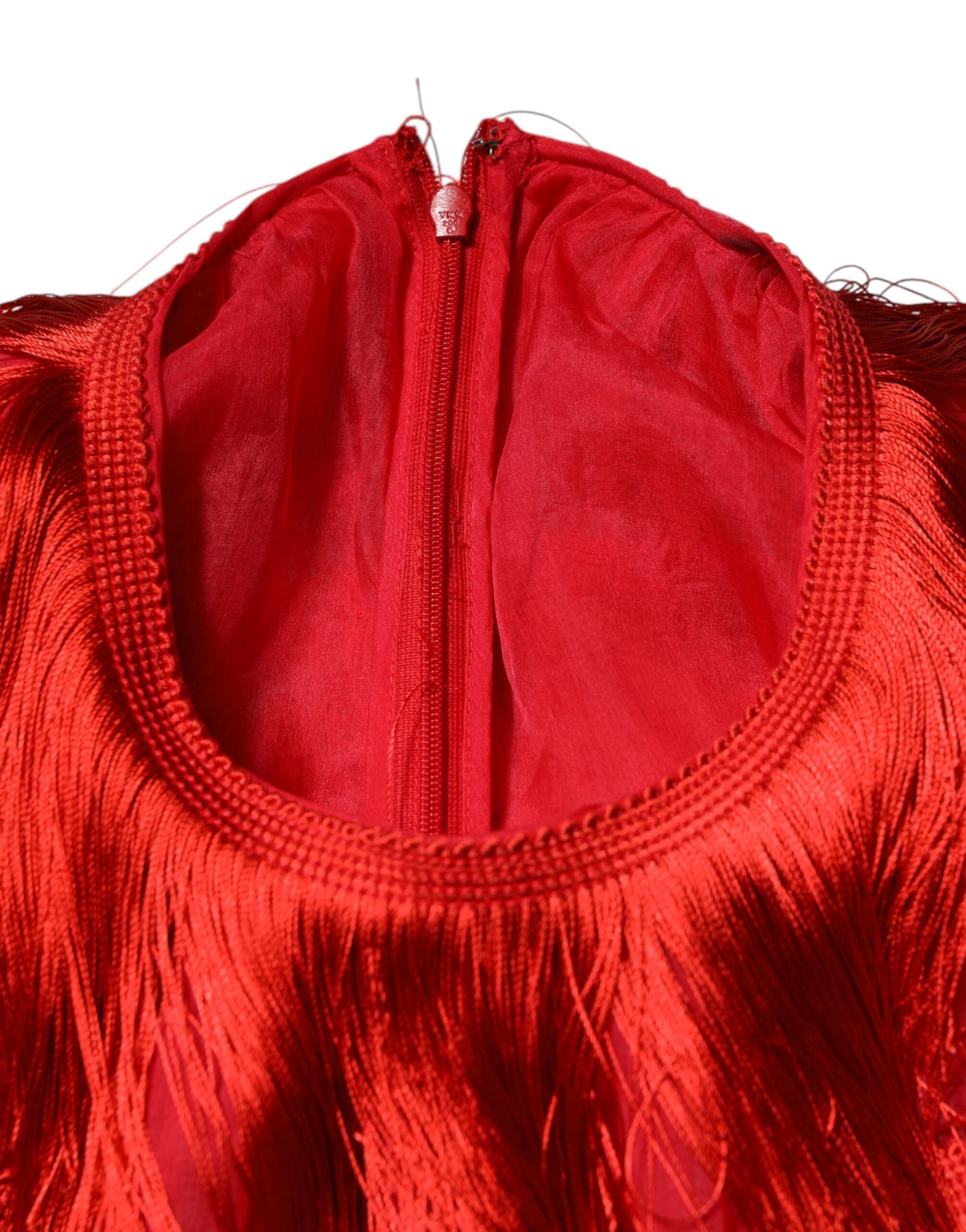 Red Silk Tiers Fringe Shift Knee Length Dress - ventzia