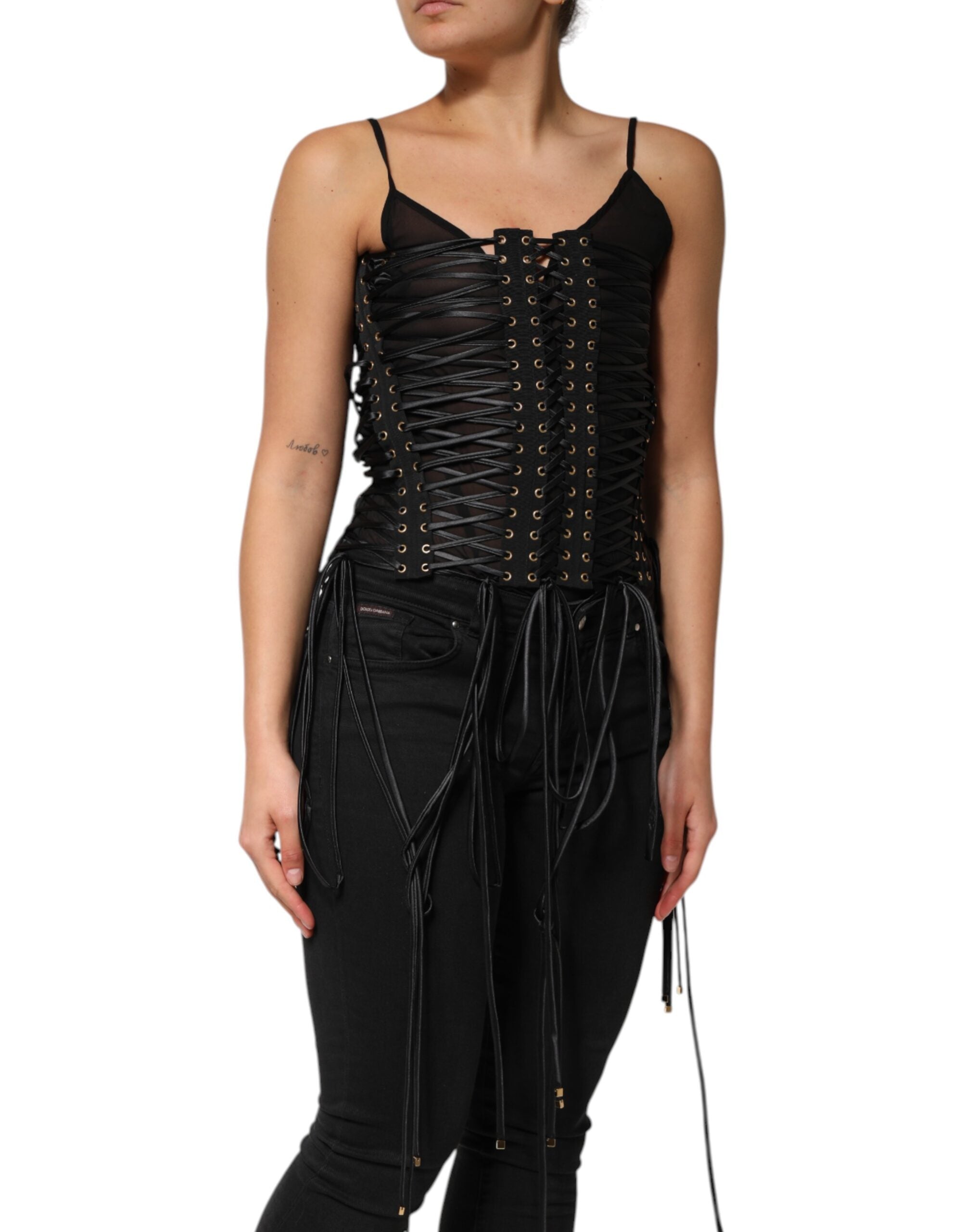 Black Eyelet Embellished Corset Style Top - ventzia