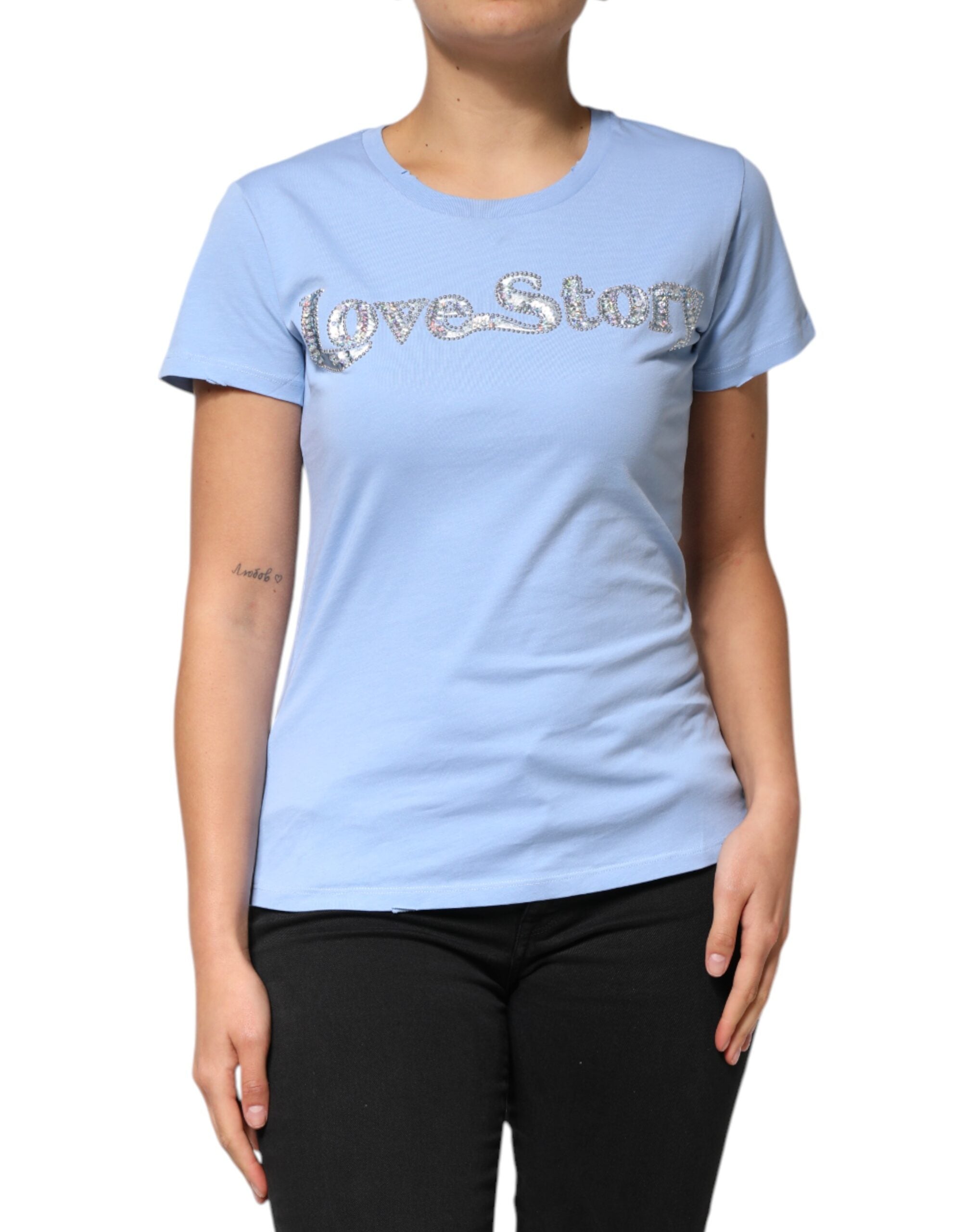Blue Love Story Sequined Embellished Short Sleeves T-shirt - ventzia