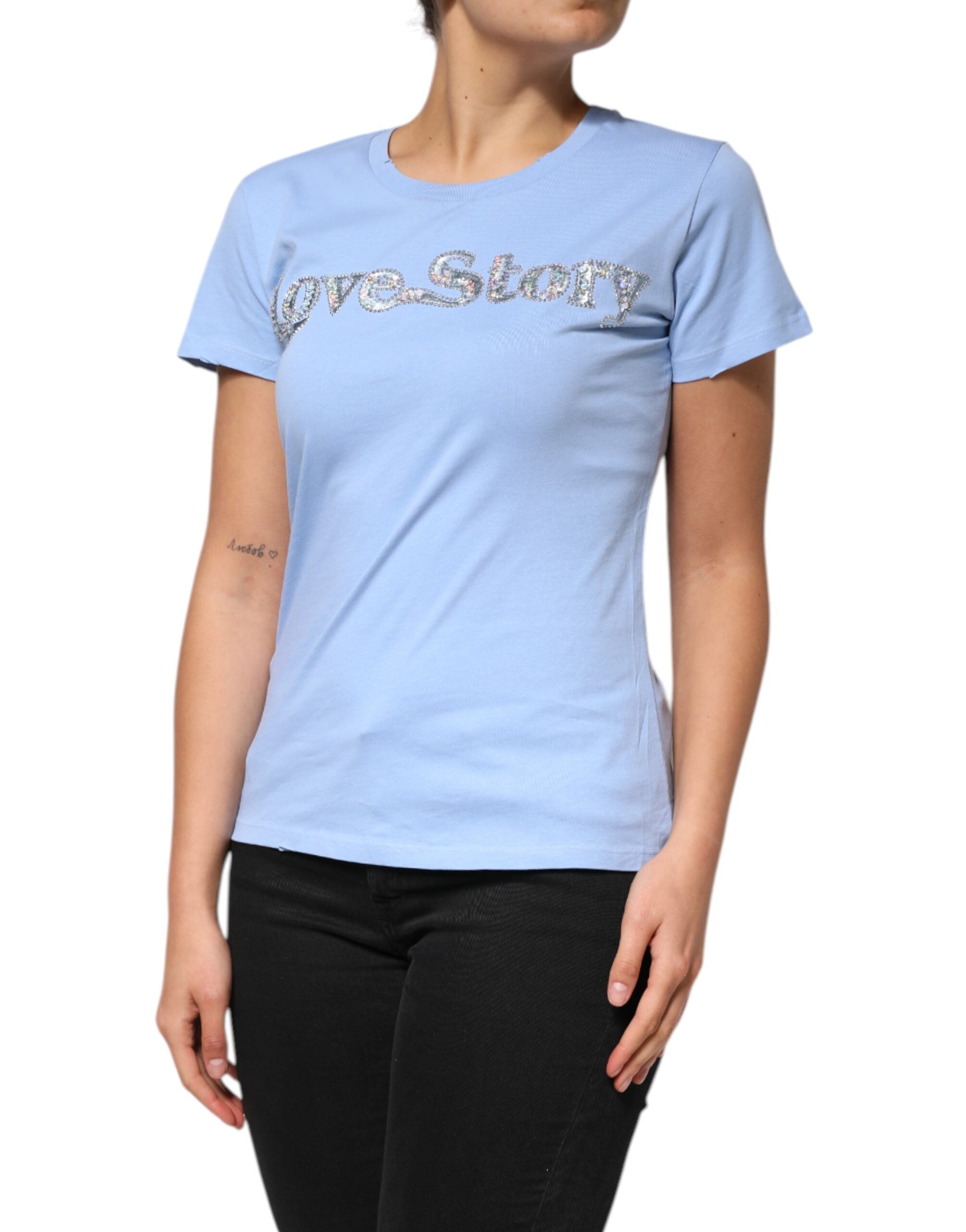 Blue Love Story Sequined Embellished Short Sleeves T-shirt - ventzia