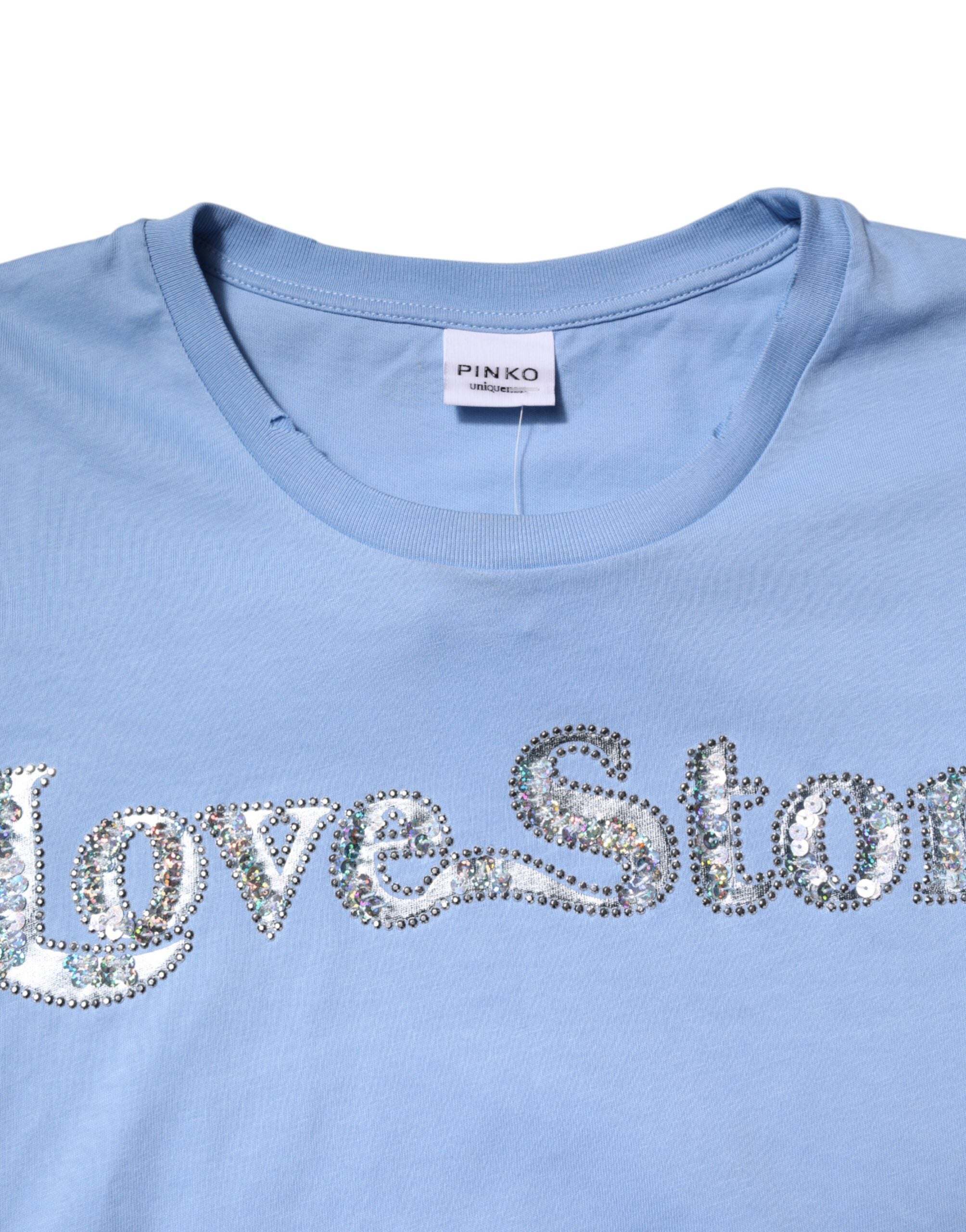 Blue Love Story Sequined Embellished Short Sleeves T-shirt - ventzia