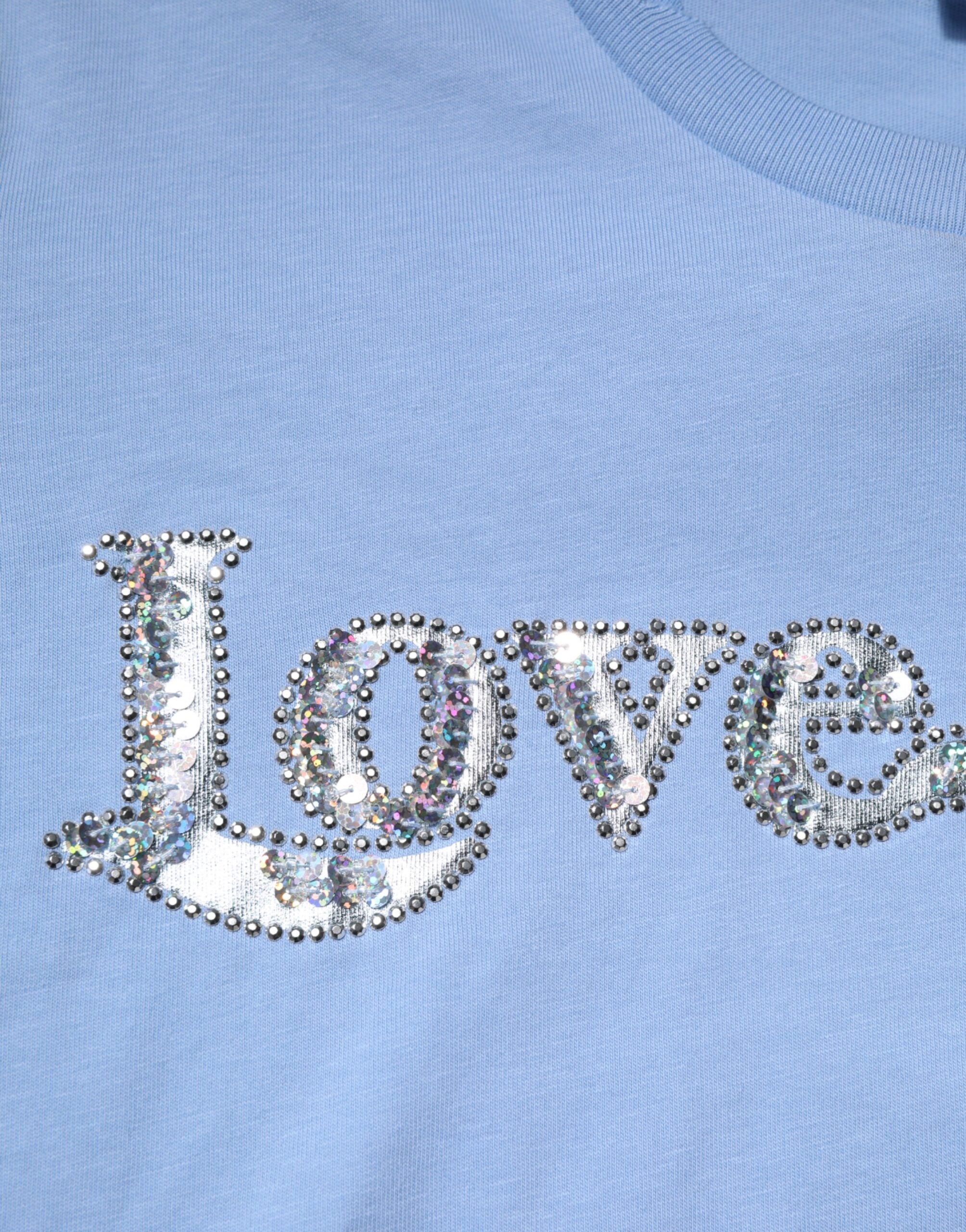 Blue Love Story Sequined Embellished Short Sleeves T-shirt - ventzia