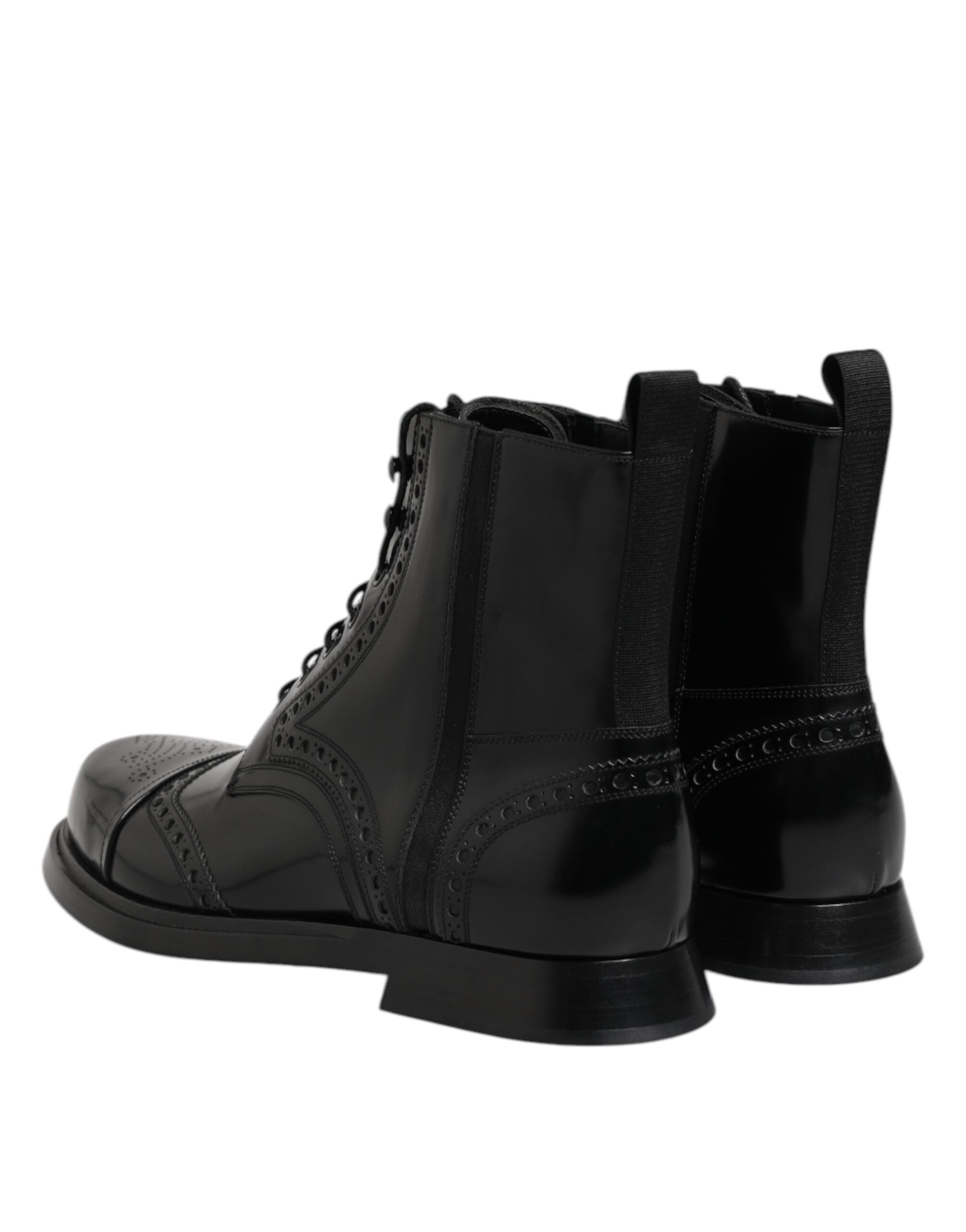 Black Leather Lace Up Mid Calf Boots Shoes - ventzia
