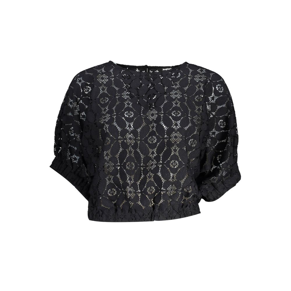 "Black Polyester Women Blouse with Contrasting Elastic Waistband" - ventzia