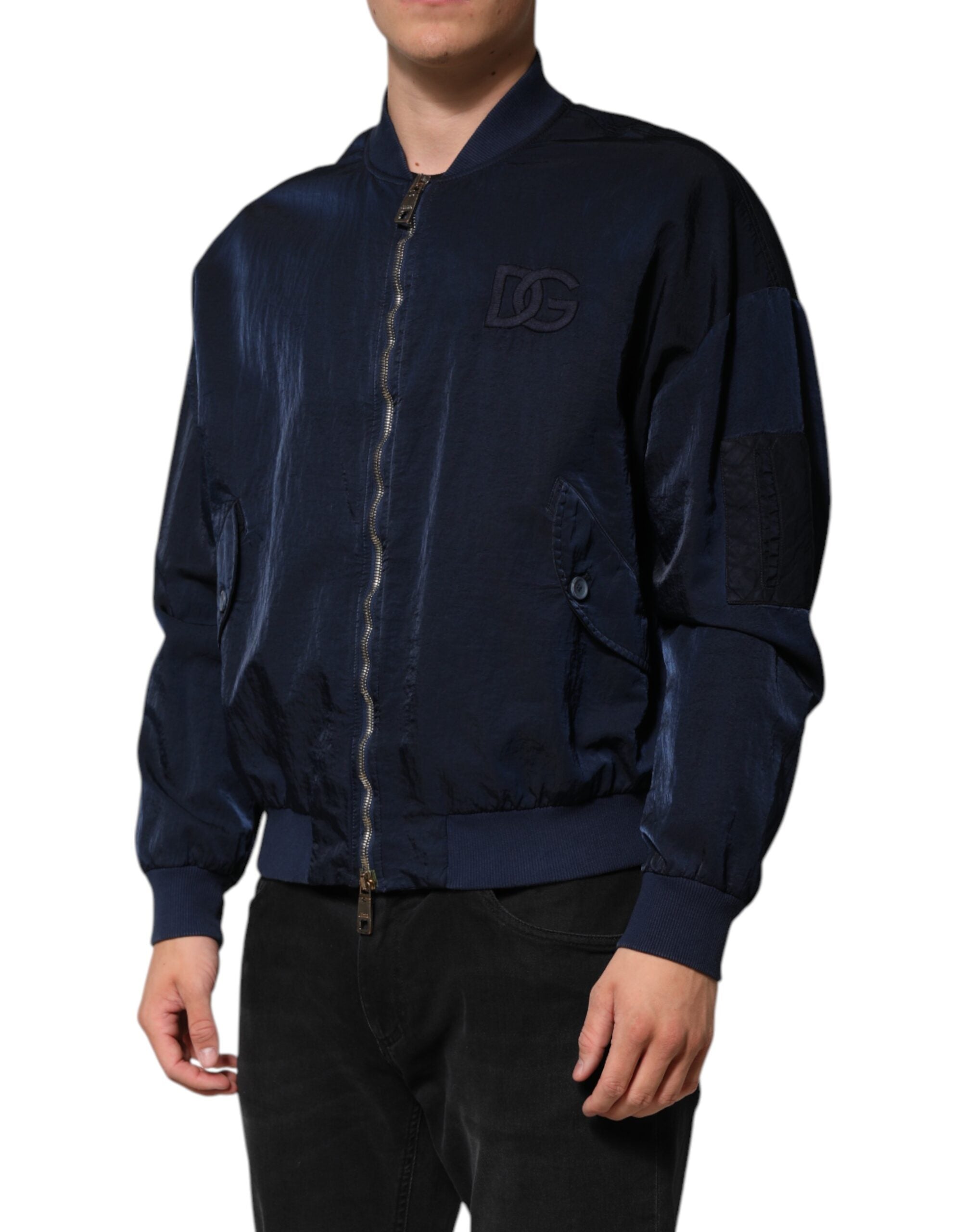 Blue Nylon DG Embroidery Men Bomber Jacket - ventzia