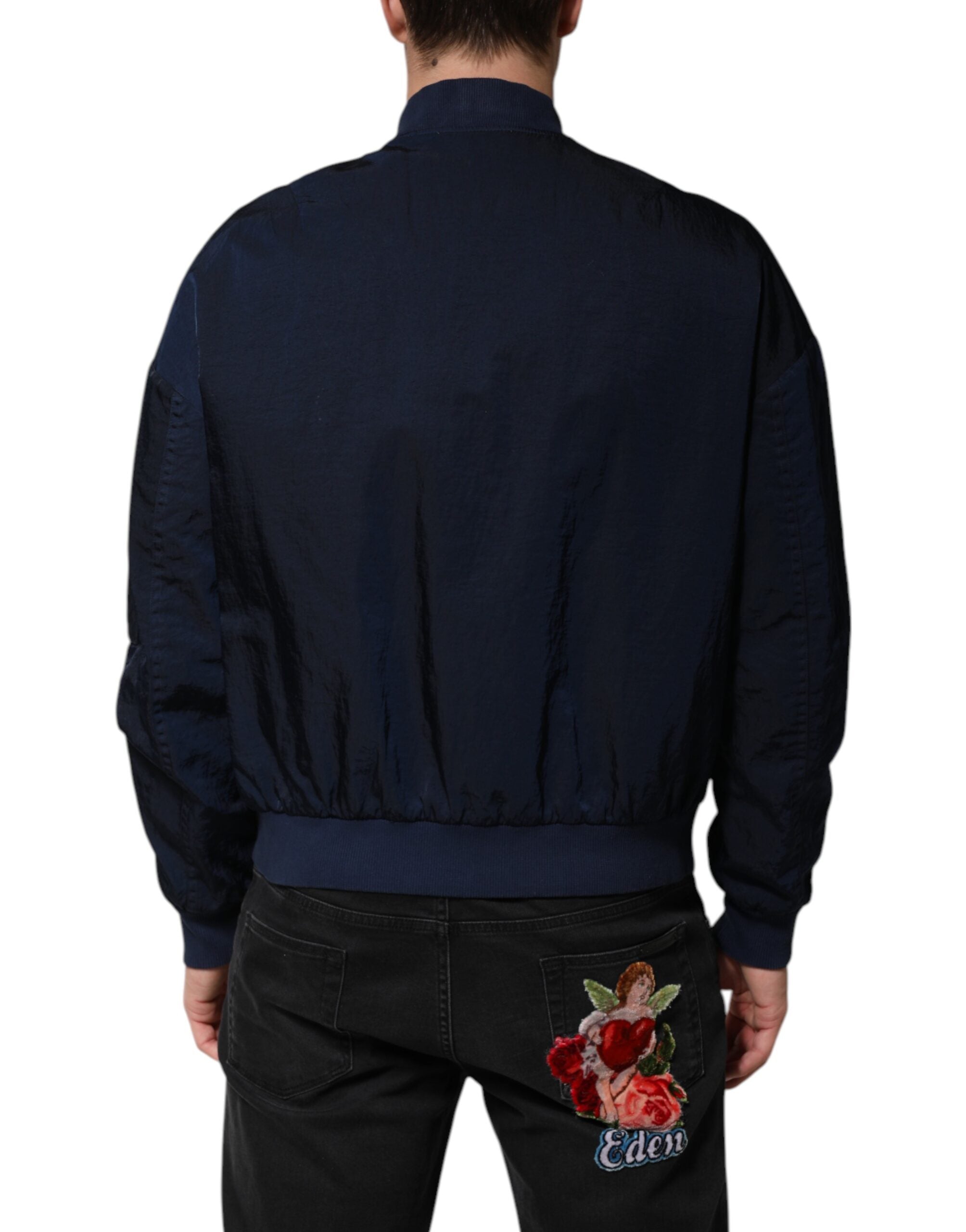 Blue Nylon DG Embroidery Men Bomber Jacket - ventzia