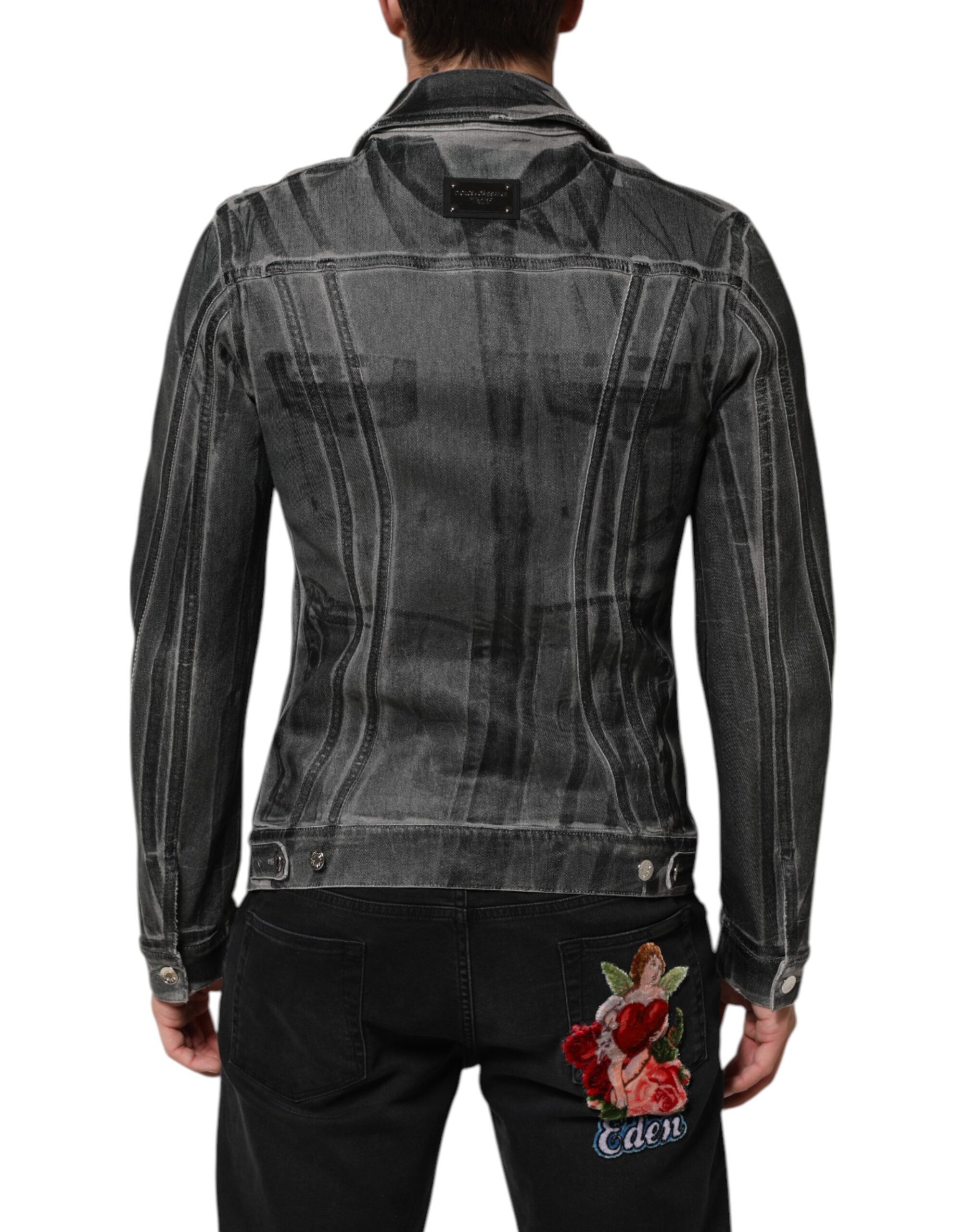 Gray Washed Cotton Stretch Denim Jacket - ventzia