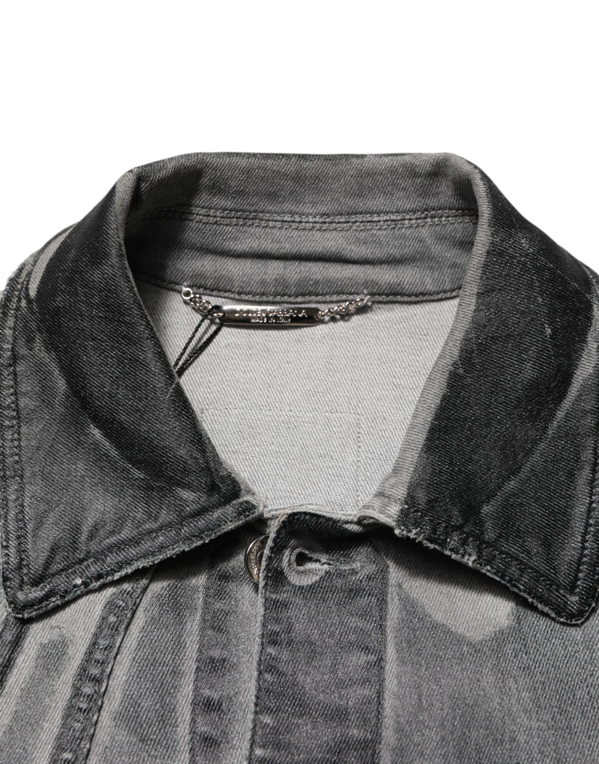 Gray Washed Cotton Stretch Denim Jacket - ventzia