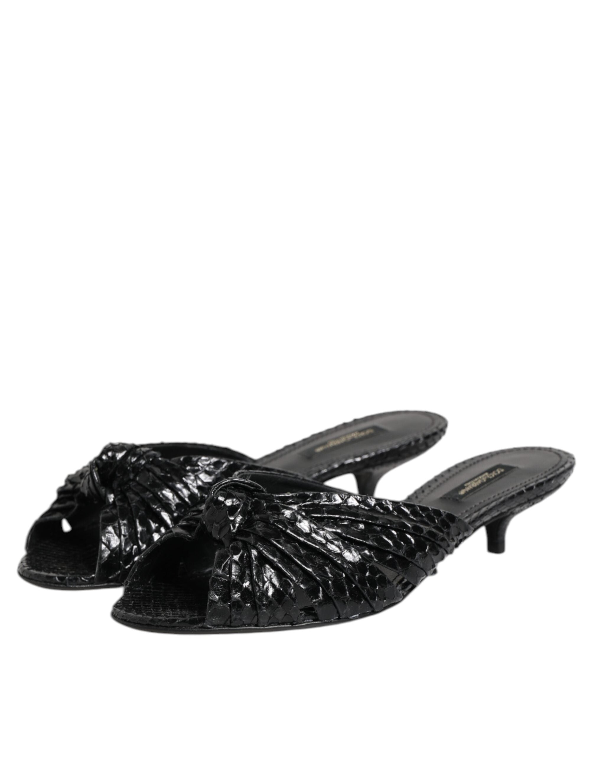 Black Leather Heels Slides Sandals Shoes - ventzia