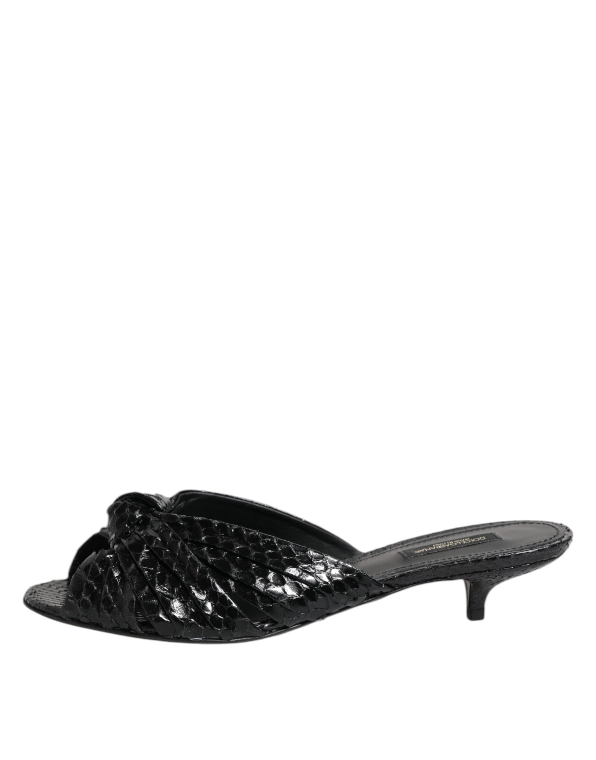 Black Leather Heels Slides Sandals Shoes - ventzia