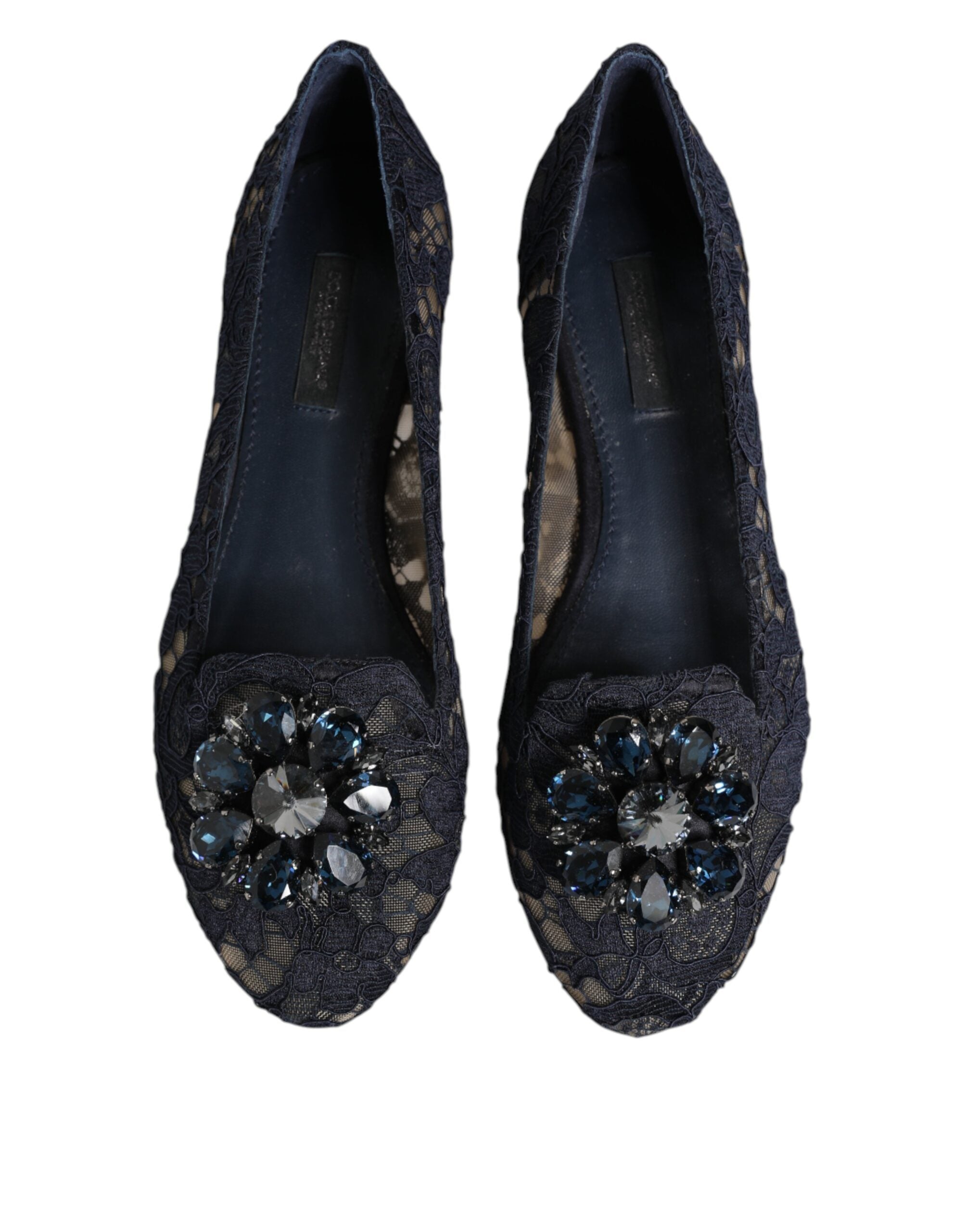 Blue Taormina Lace Crystals Flats Shoes - ventzia