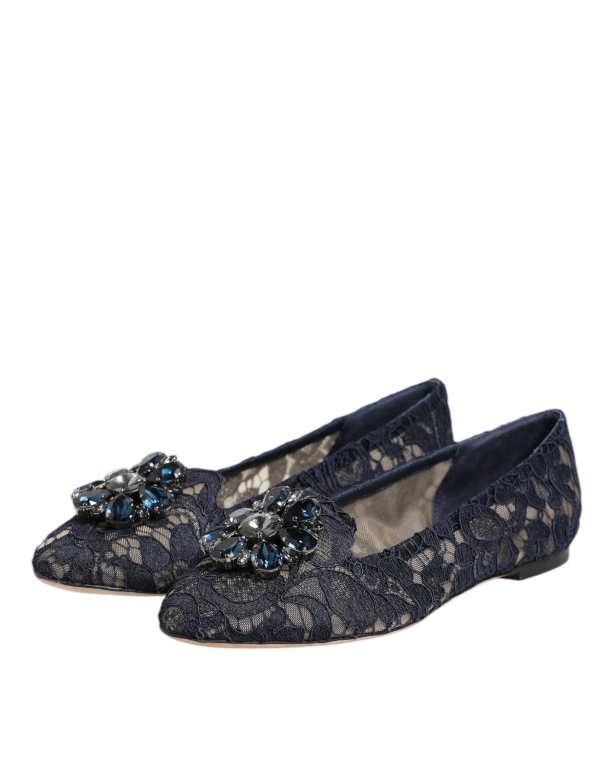 Blue Taormina Lace Crystals Flats Shoes - ventzia