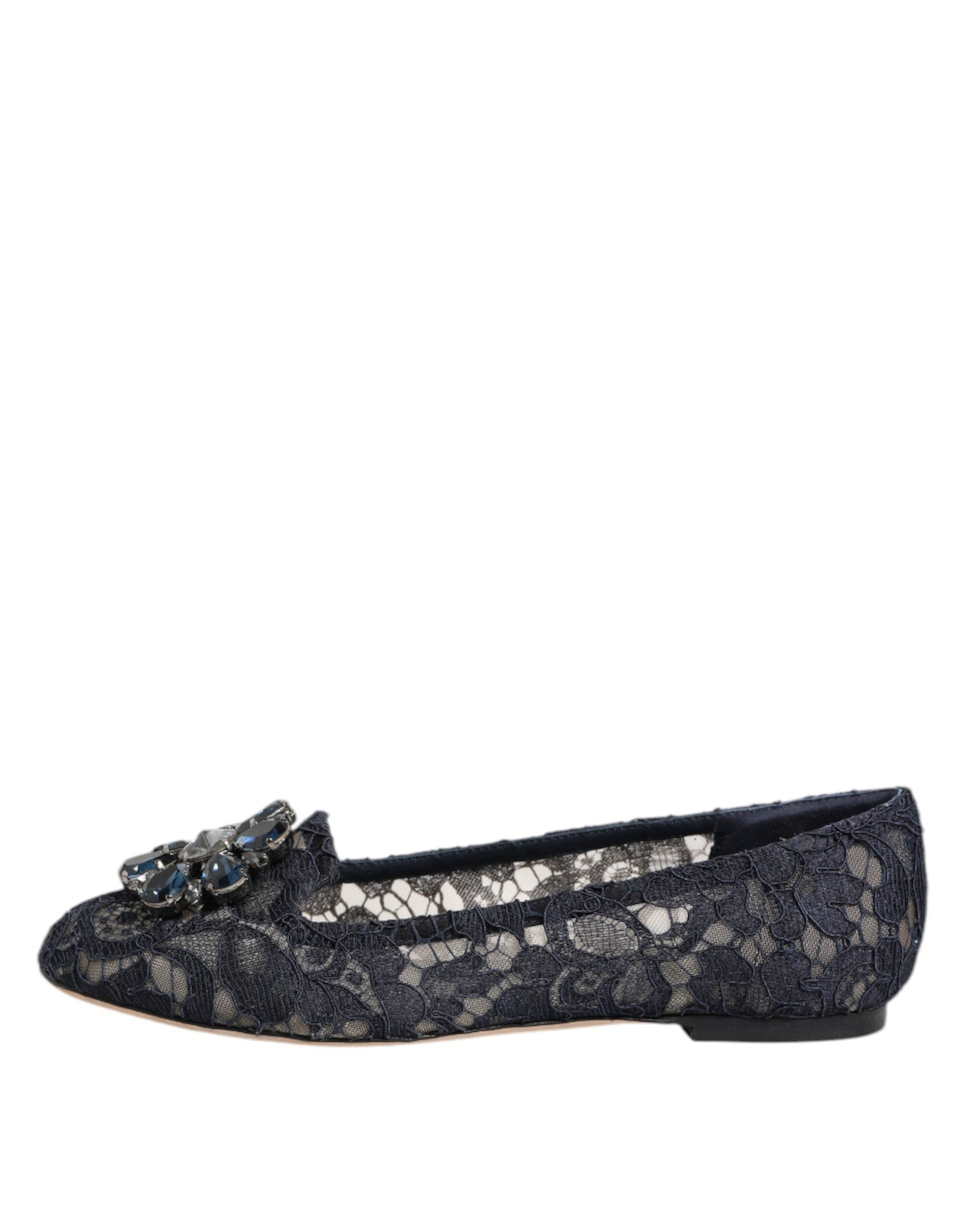 Blue Taormina Lace Crystals Flats Shoes - ventzia