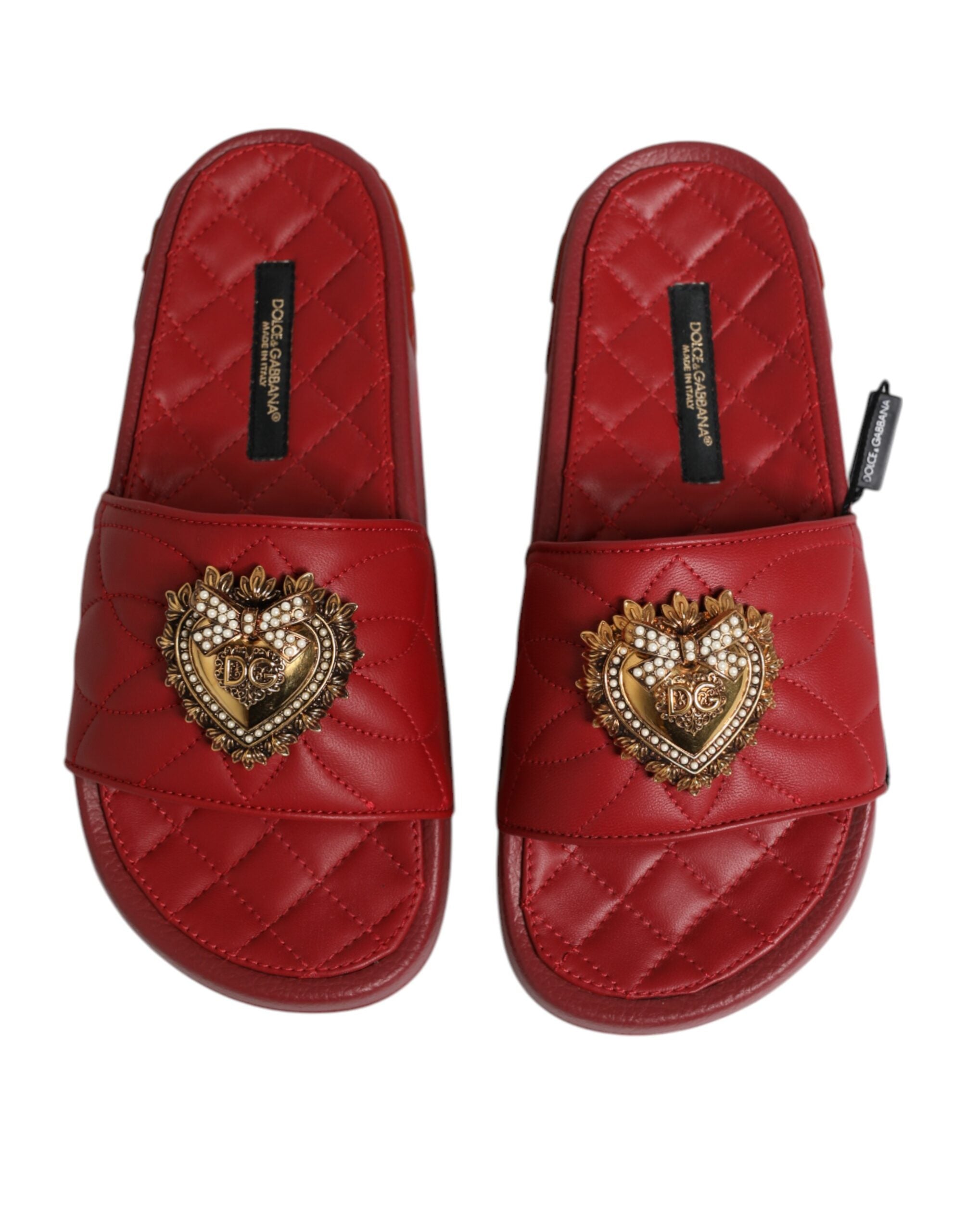 Red Devotion Matelassé Leather Slides Shoes - ventzia