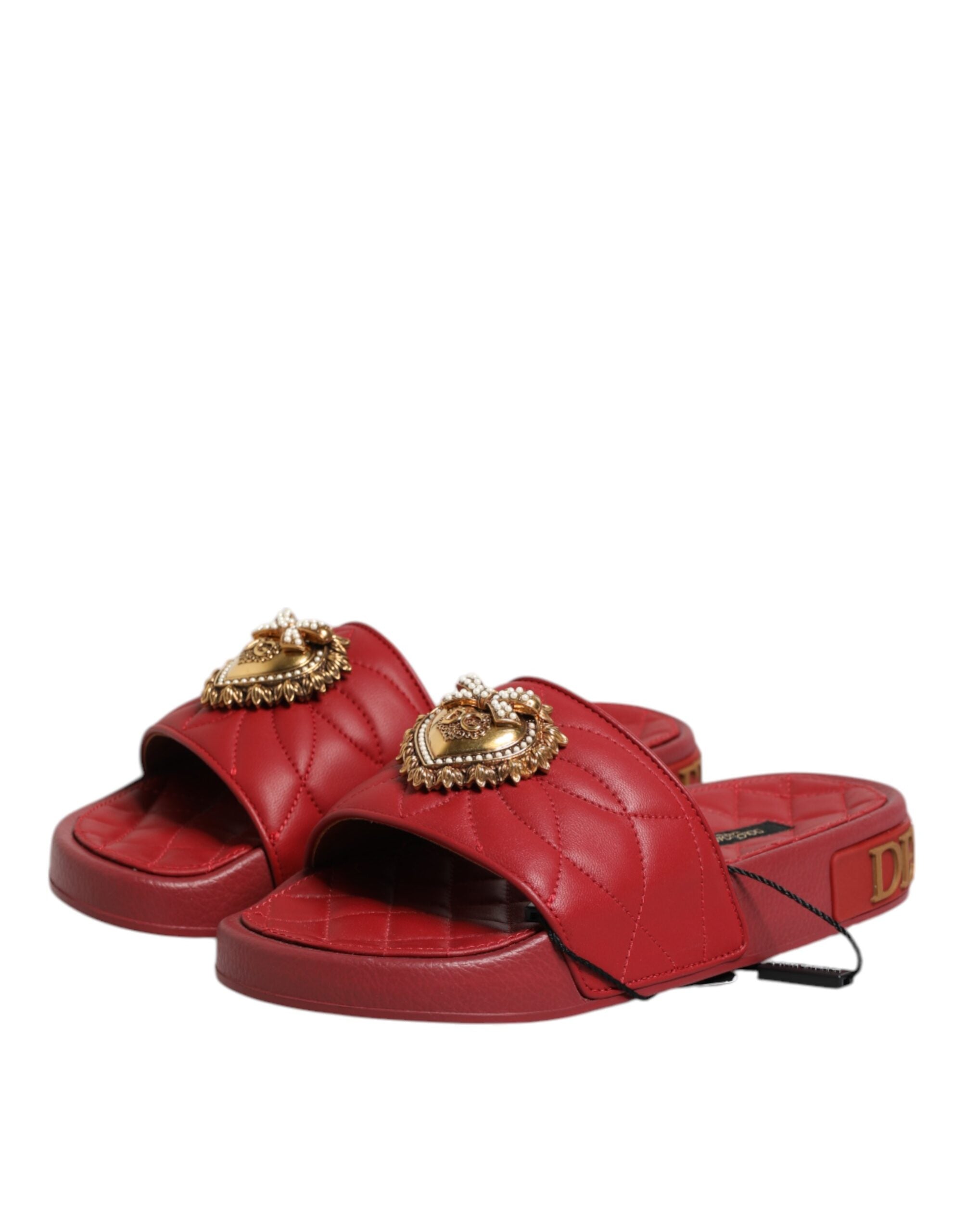 Red Devotion Matelassé Leather Slides Shoes - ventzia