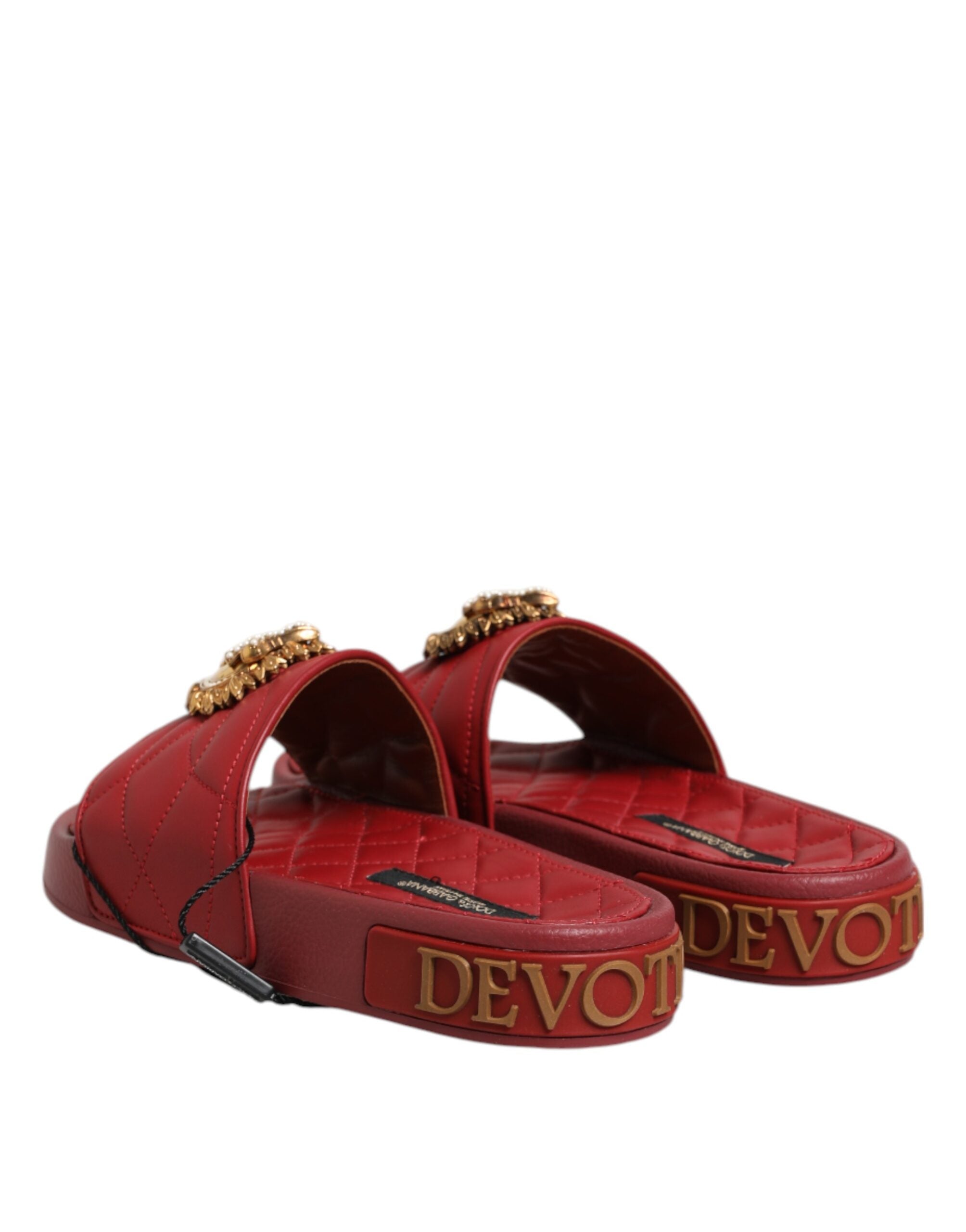 Red Devotion Matelassé Leather Slides Shoes - ventzia