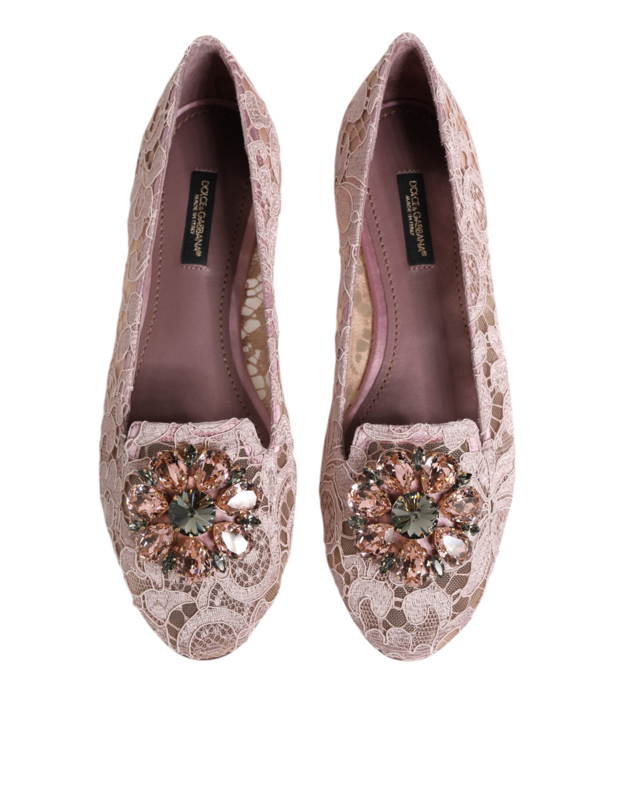Pink Taormina Lace Crystals Flats Shoes - ventzia