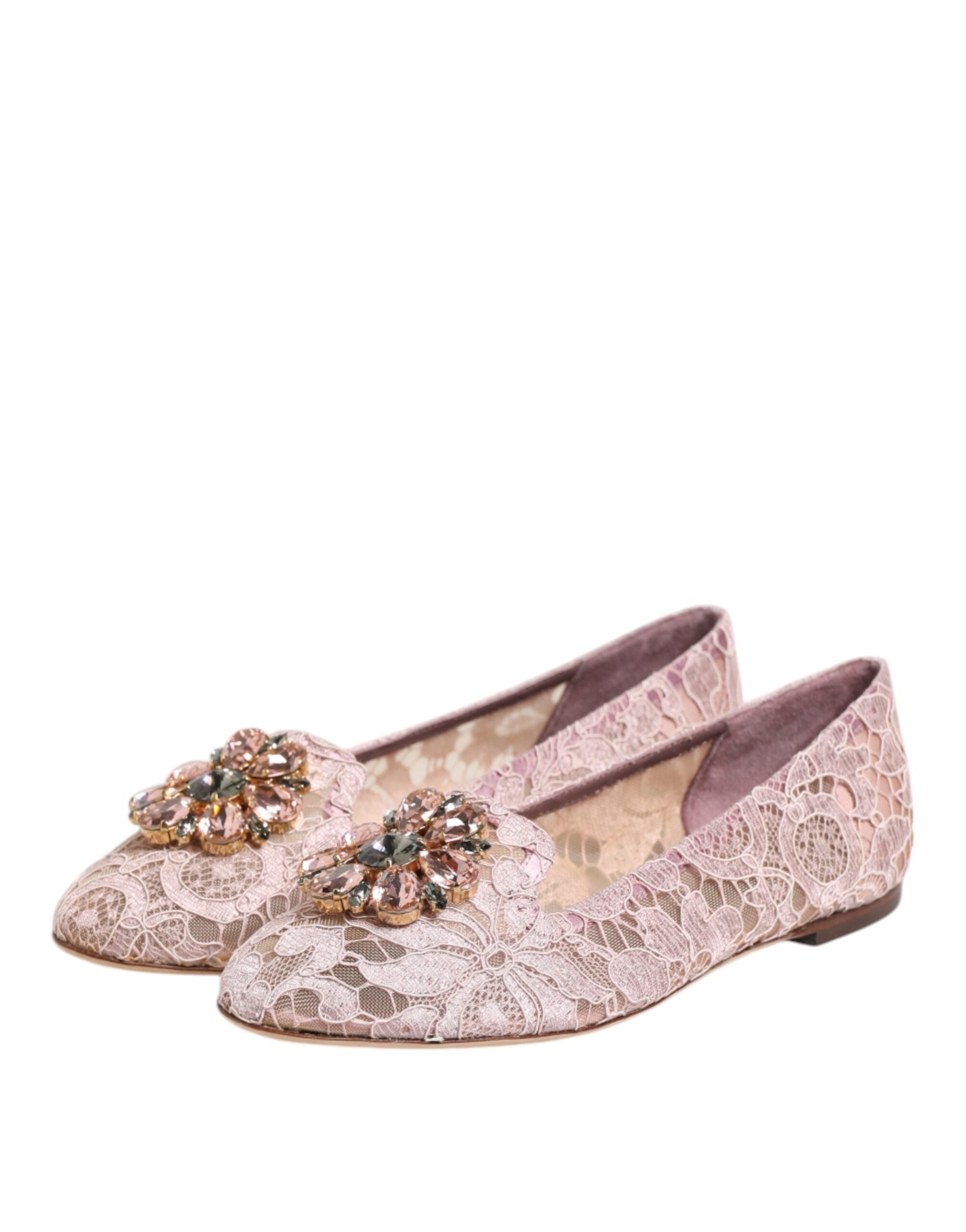 Pink Taormina Lace Crystals Flats Shoes - ventzia