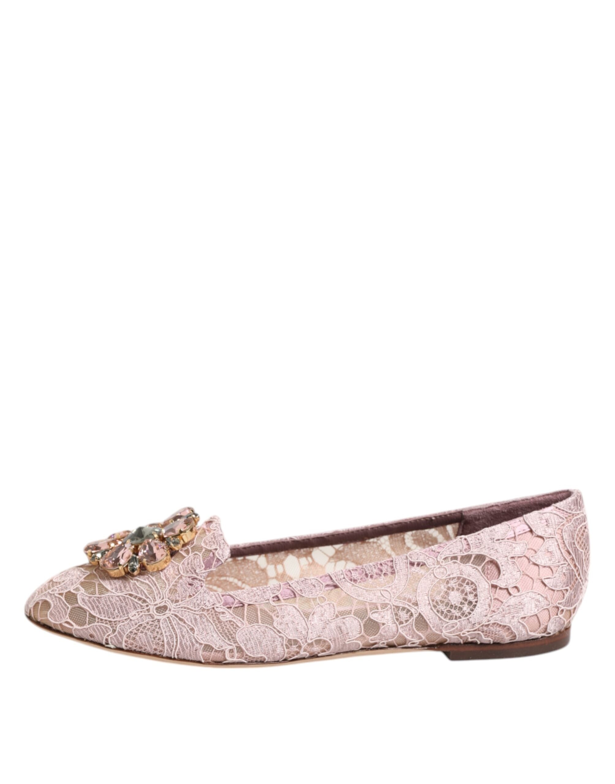 Pink Taormina Lace Crystals Flats Shoes - ventzia