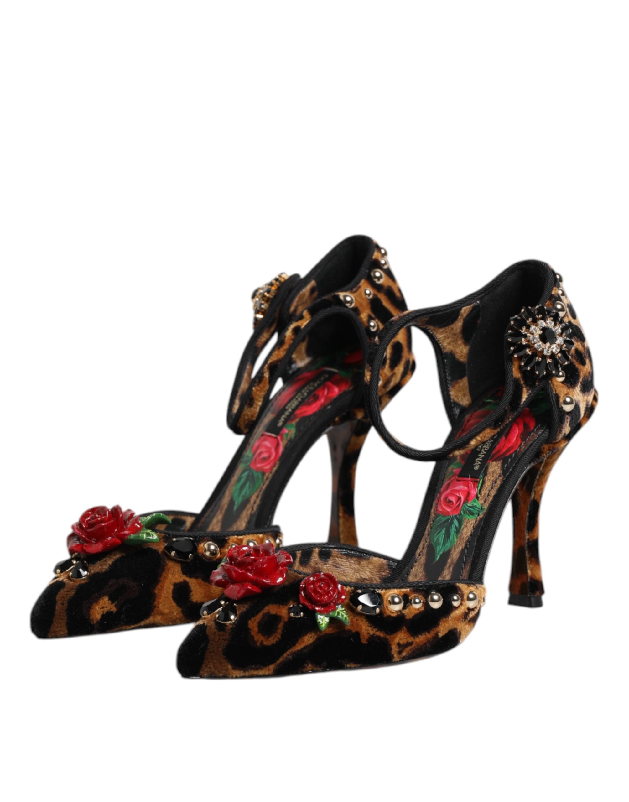 Brown Leopard Crystal Roses Pumps Shoes - ventzia