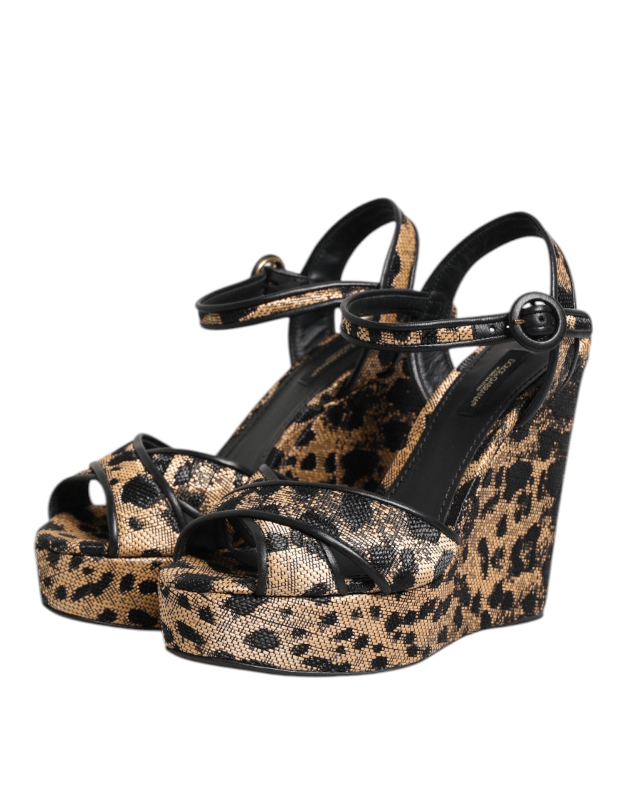 Brown Leopard Wedges Ankle Strap Sandals Shoes - ventzia