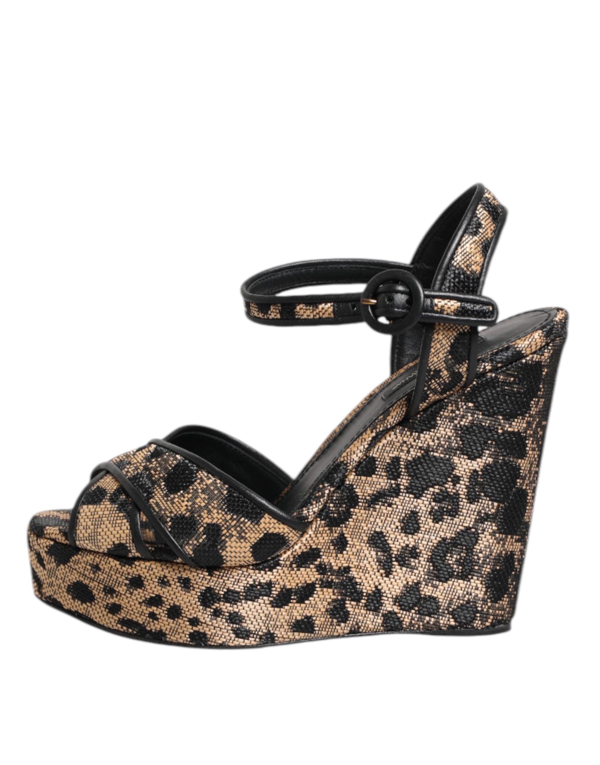 Brown Leopard Wedges Ankle Strap Sandals Shoes - ventzia