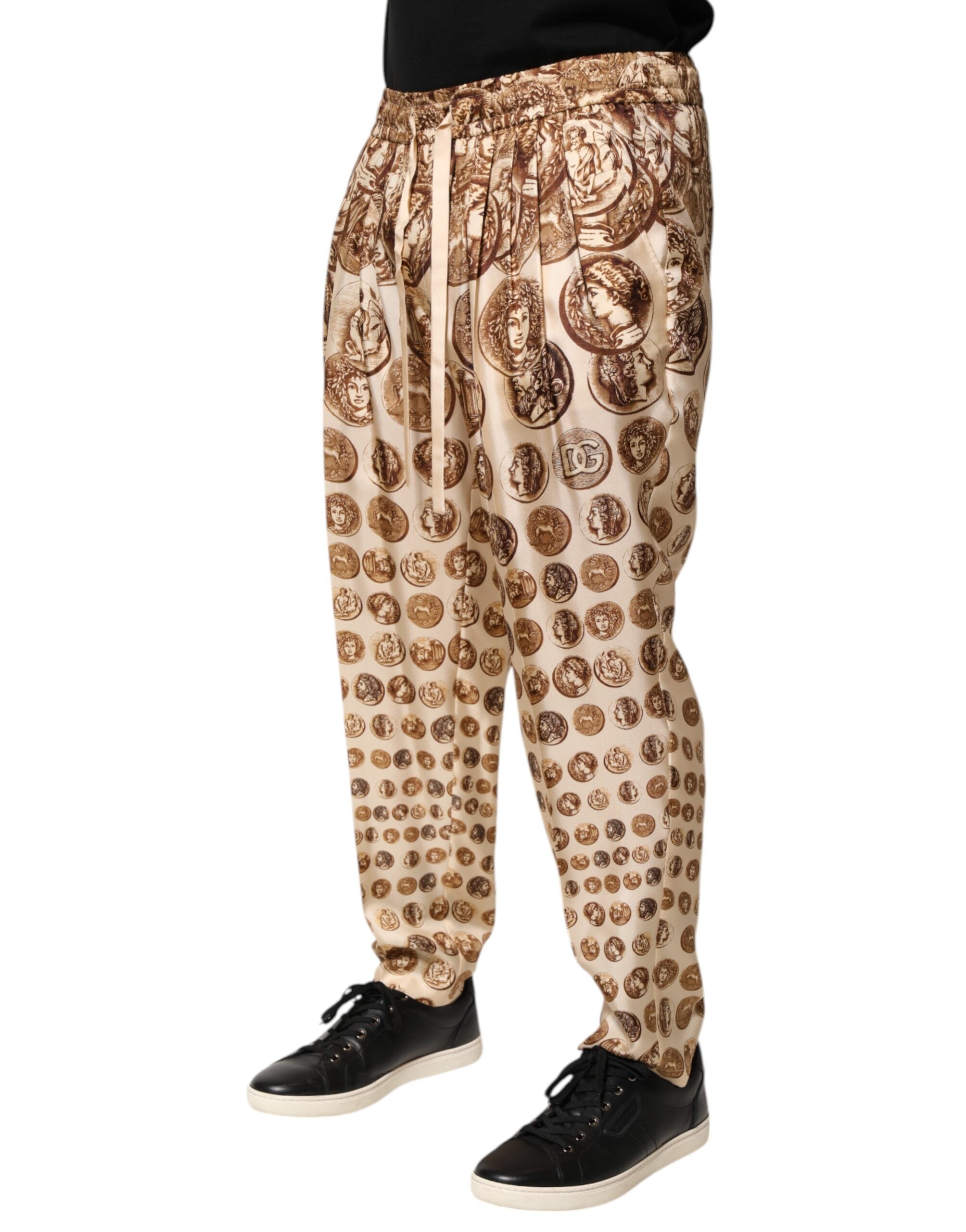 Beige Coin Print Silk Twill Men Jogger Pants - ventzia