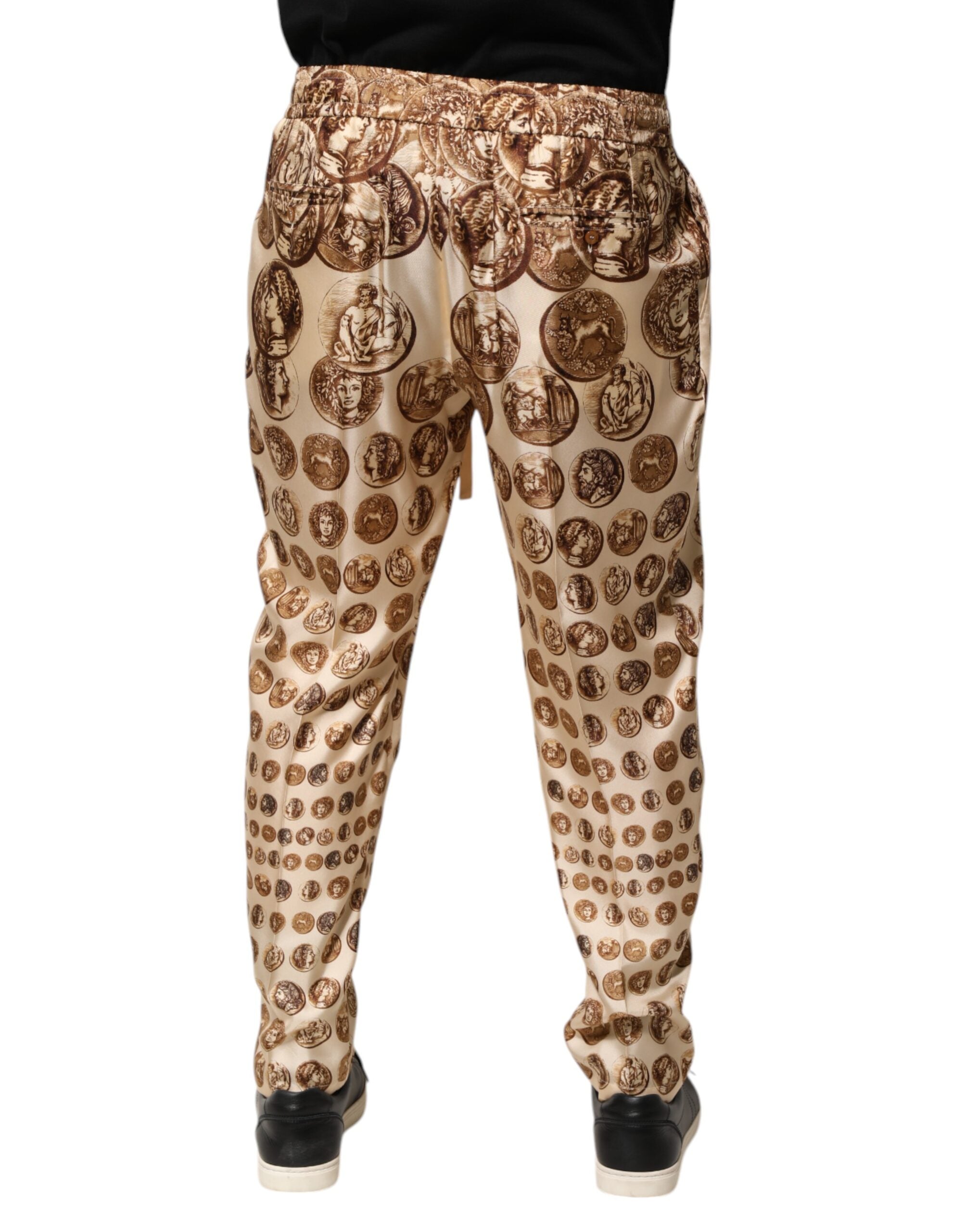 Beige Coin Print Silk Twill Men Jogger Pants - ventzia