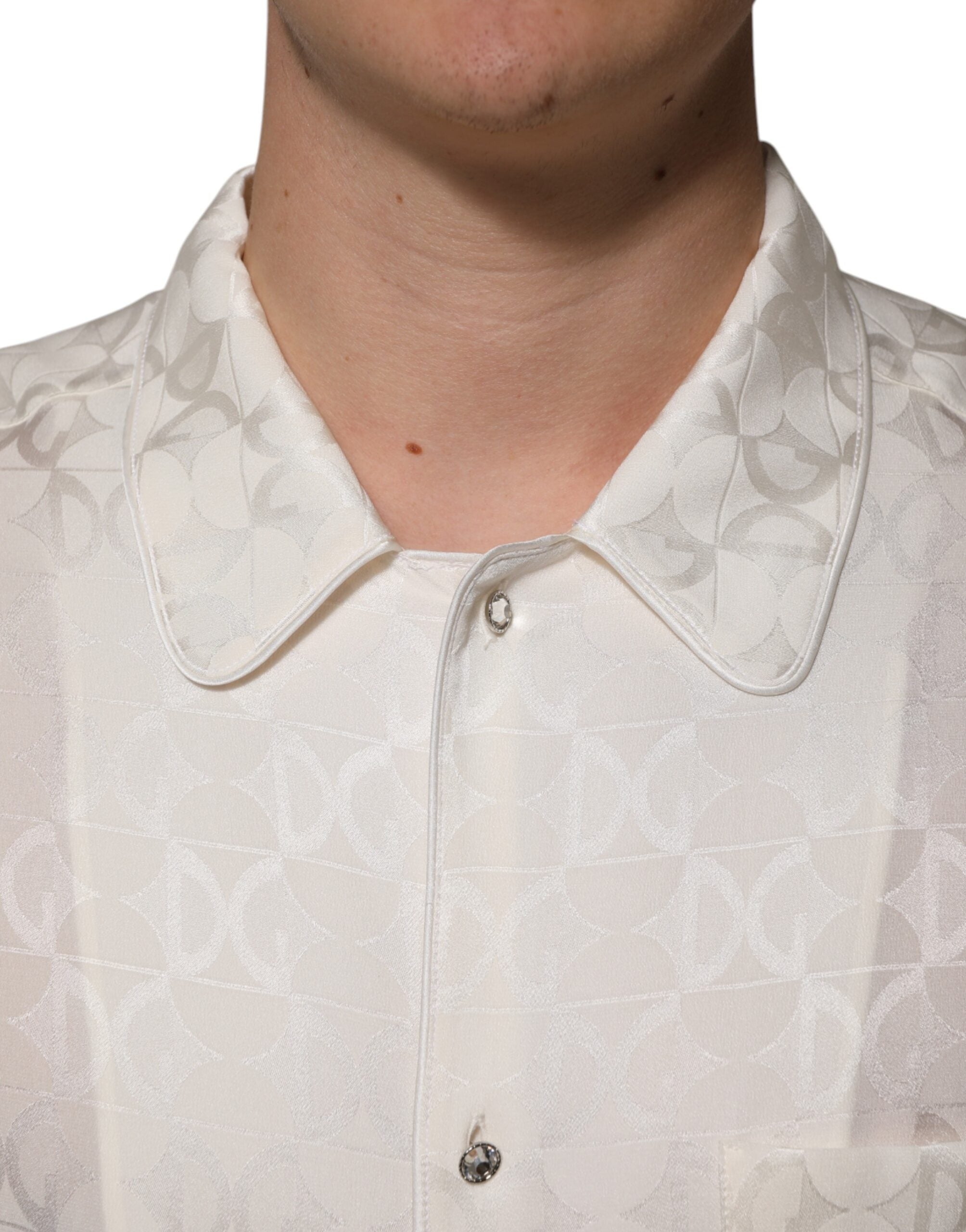 White Silk DG Logo Print Long Sleeves Shirt - ventzia