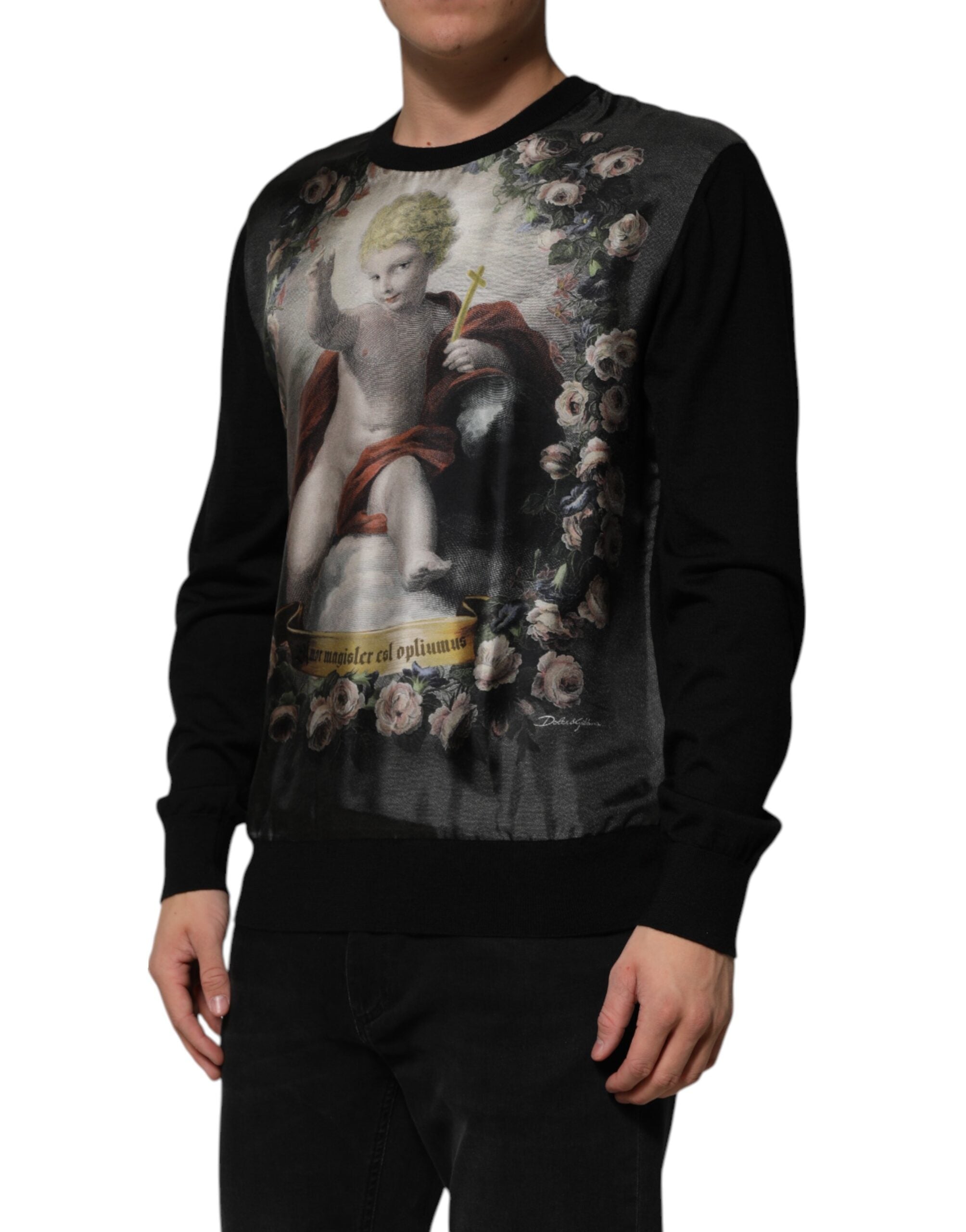 Black Cashmere Cherub Print Baroque Sweater - ventzia