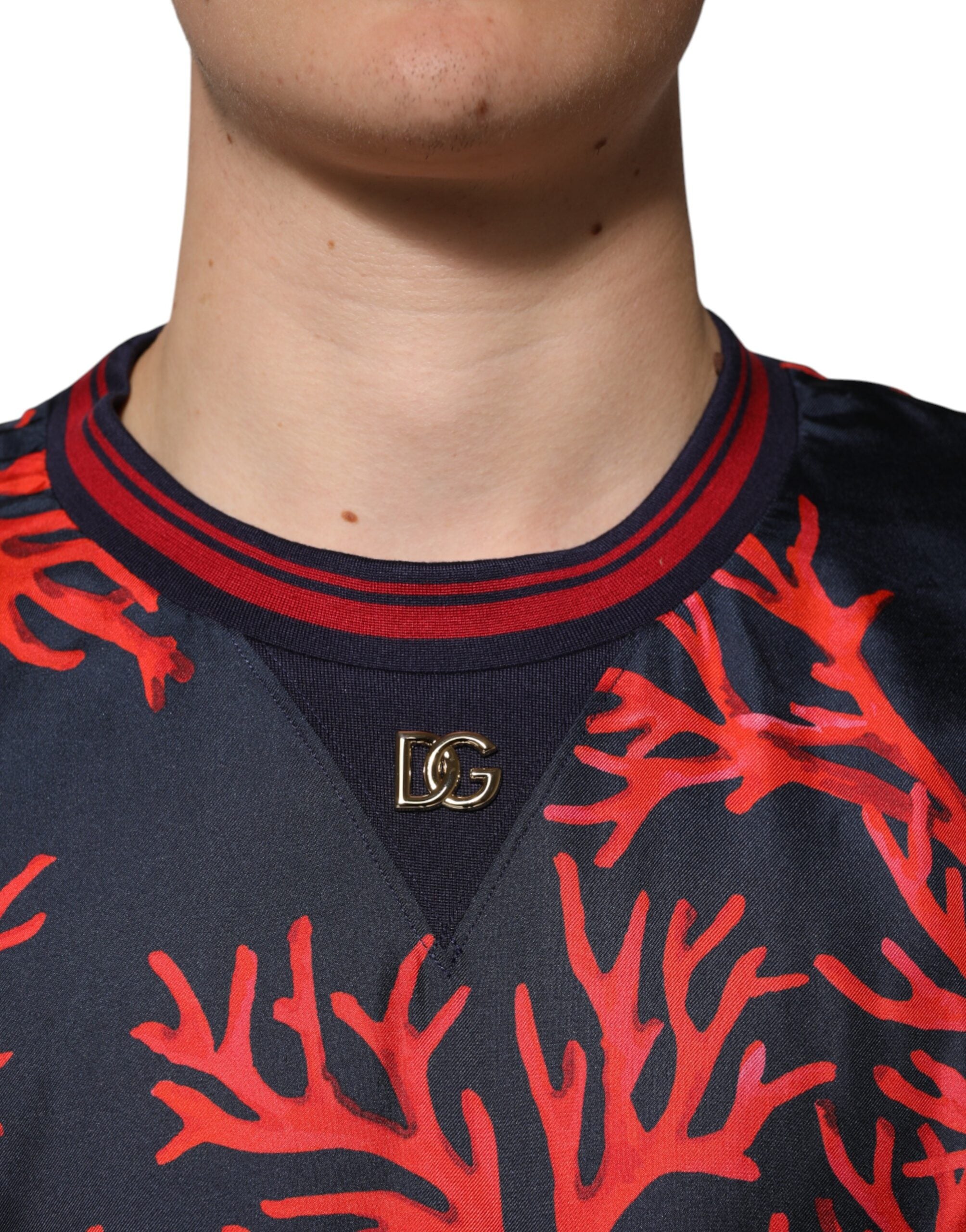 Navy Red Silk Coral Print Pullover Sweater - ventzia