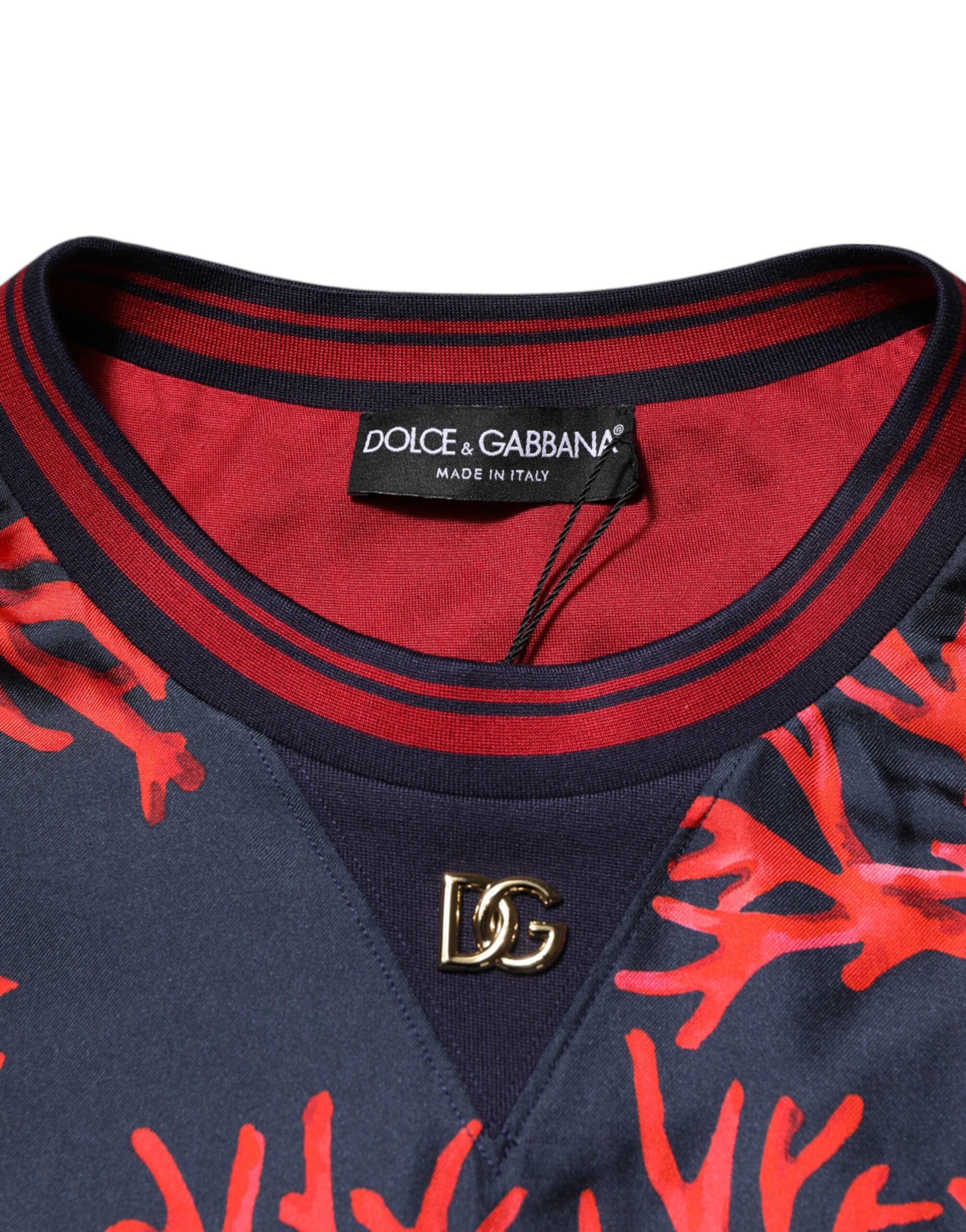 Navy Red Silk Coral Print Pullover Sweater - ventzia