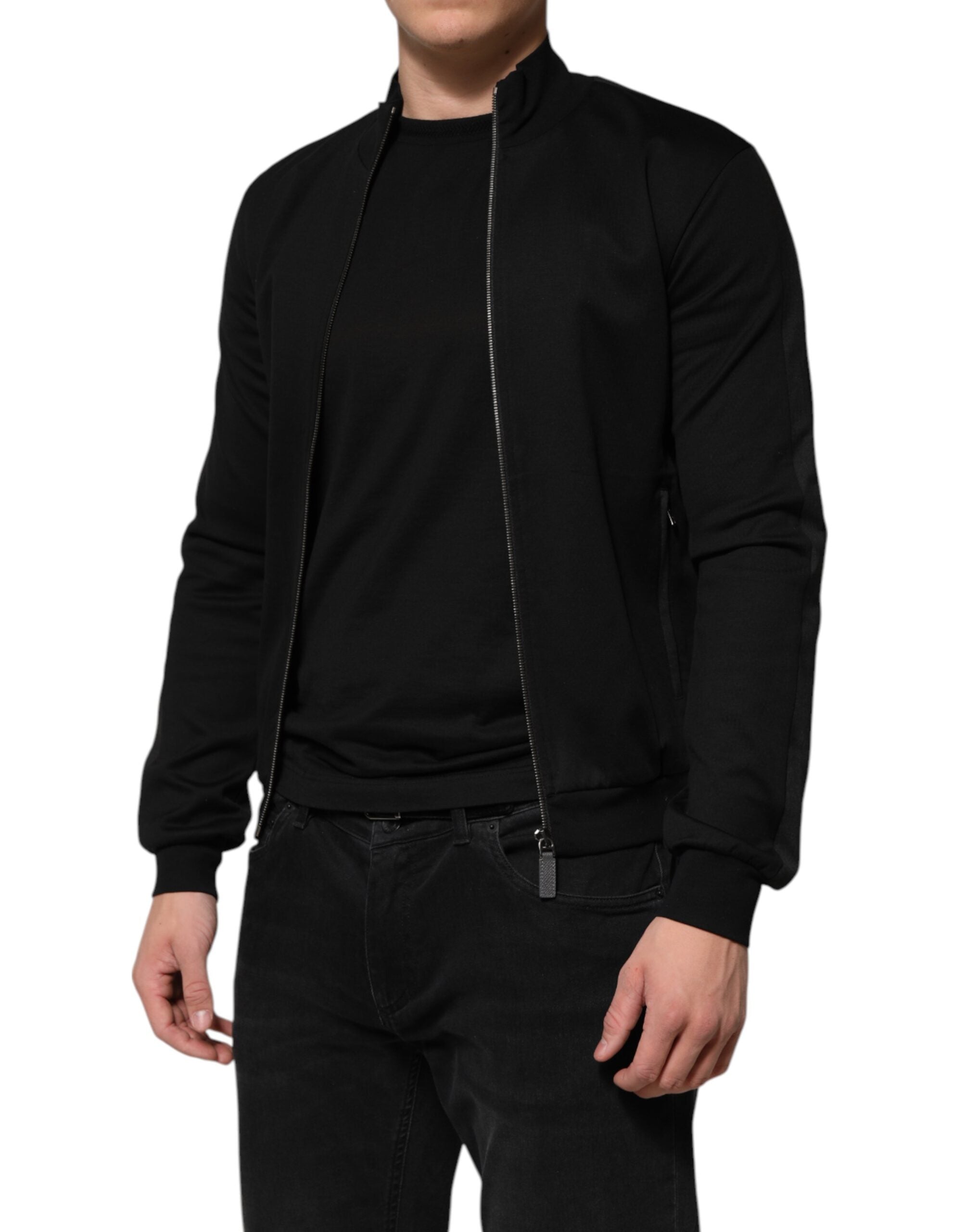 Black Cotton Logo Full Zip Men Bomber Jacket - ventzia
