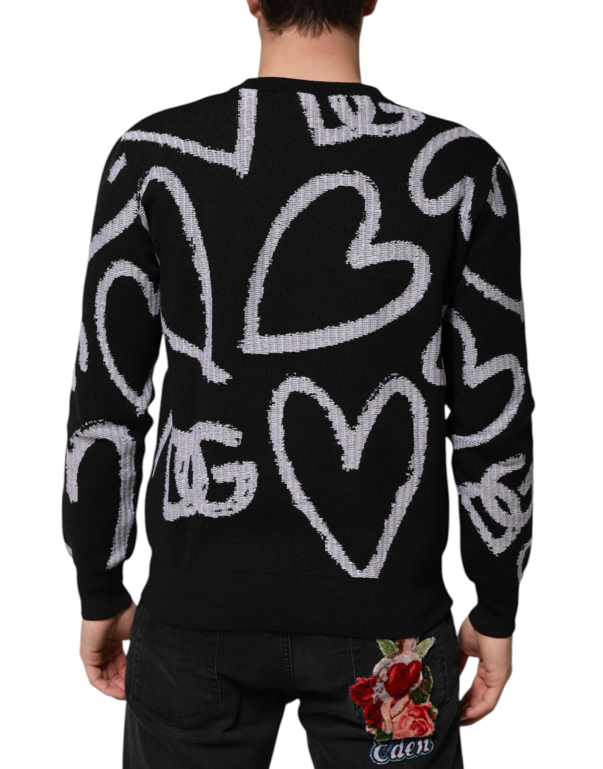 Black Nylon Wool Heart Print Pullover Sweater - ventzia