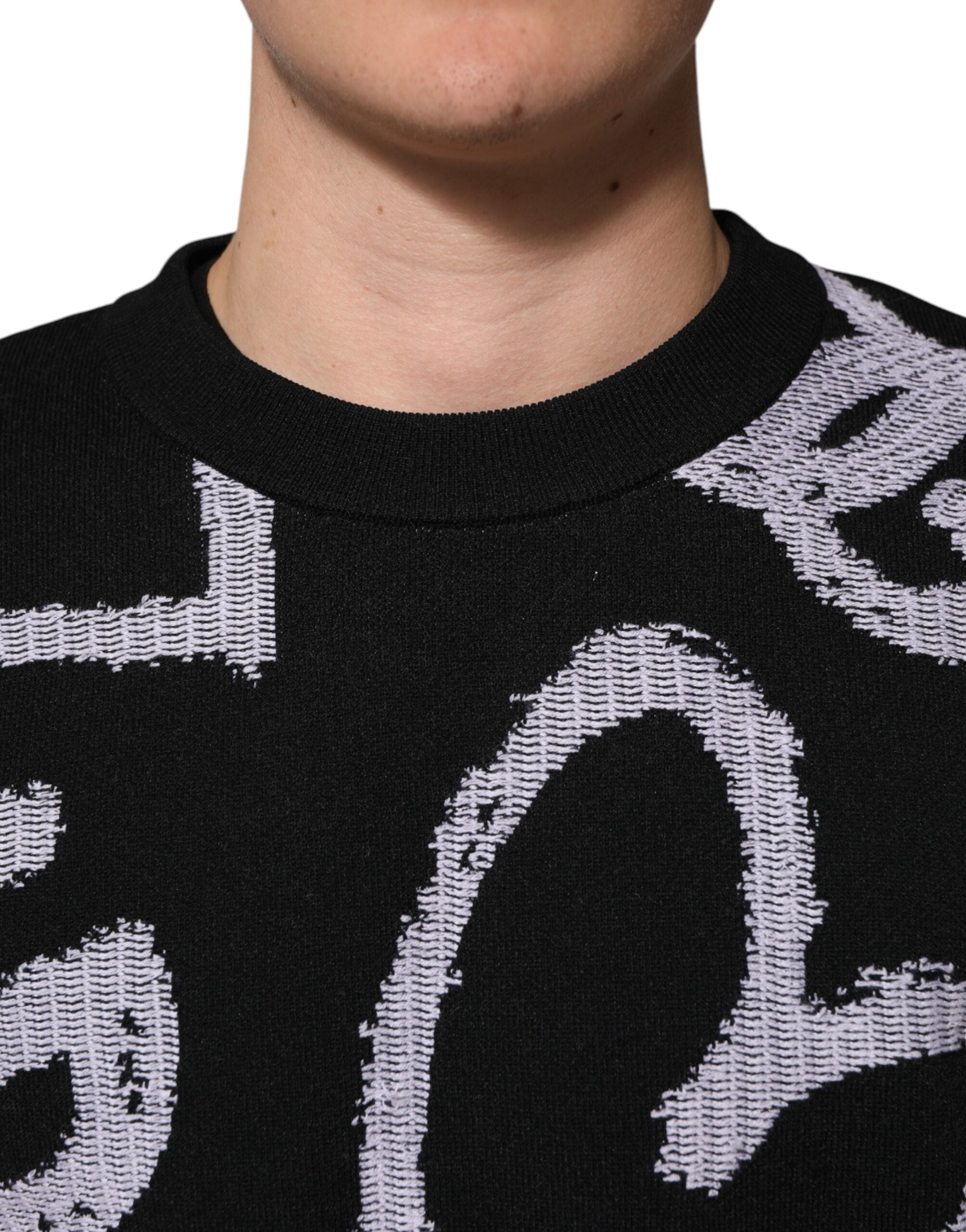 Black Nylon Wool Heart Print Pullover Sweater - ventzia