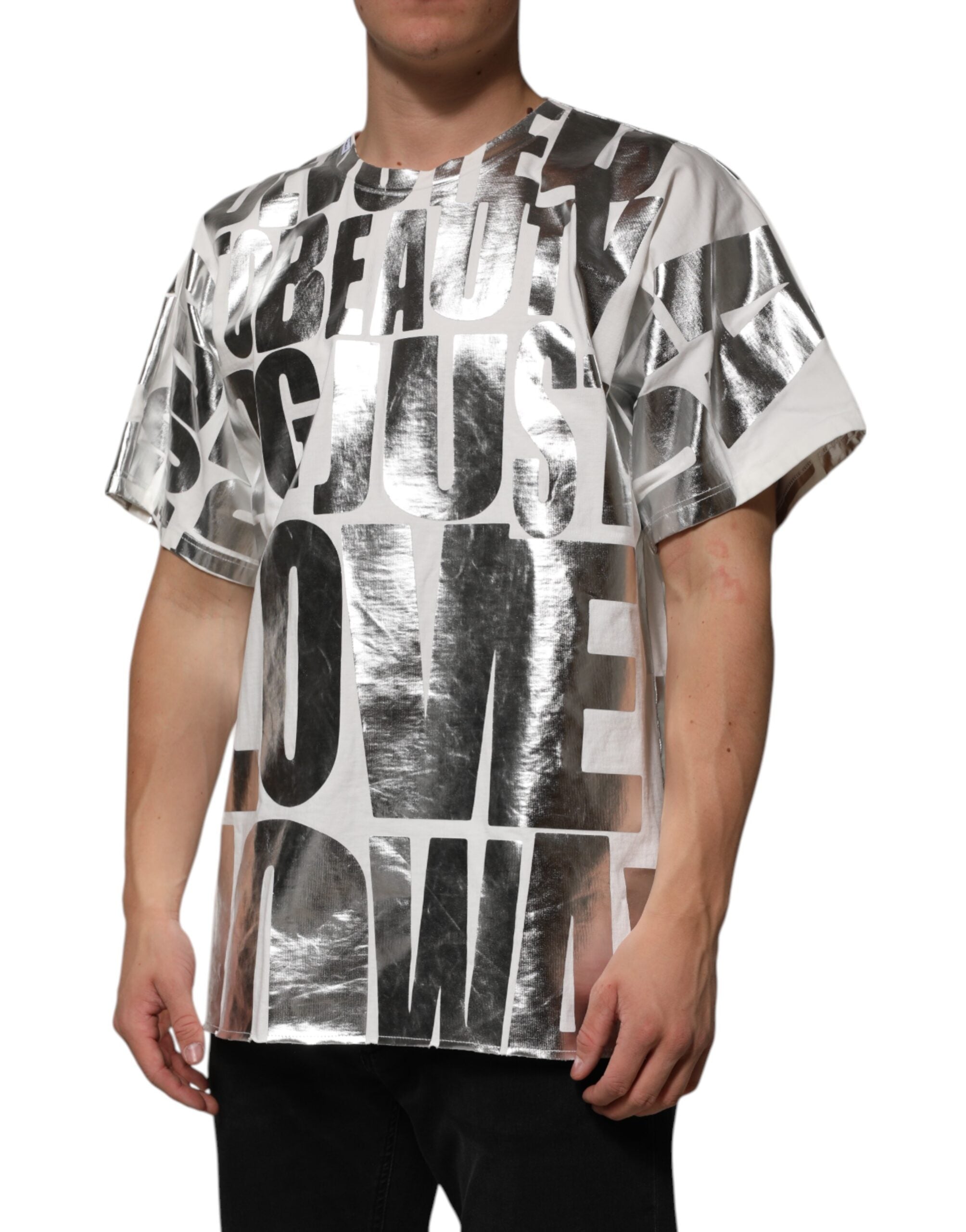 White Cotton Silver Metallic Slogan Print T-shirt - ventzia