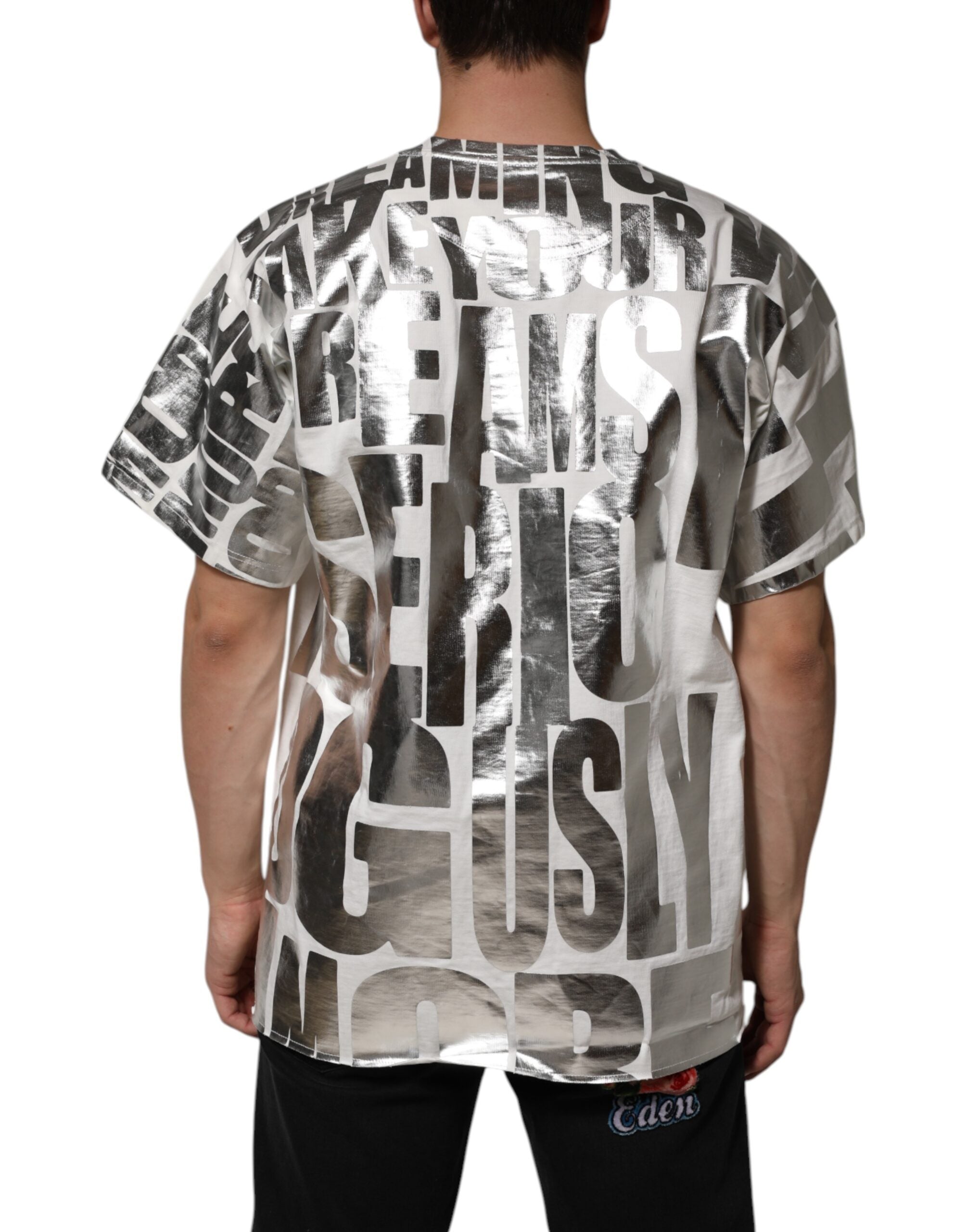 White Cotton Silver Metallic Slogan Print T-shirt - ventzia