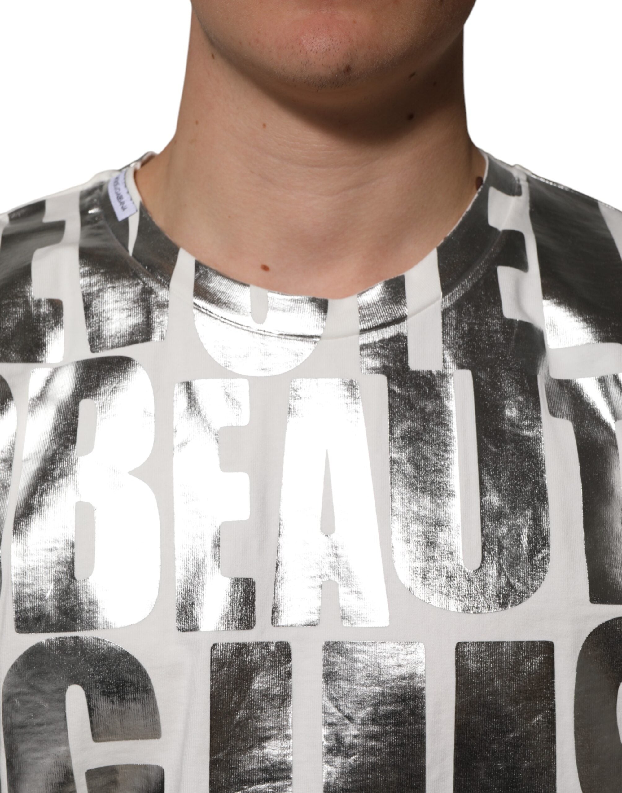 White Cotton Silver Metallic Slogan Print T-shirt - ventzia