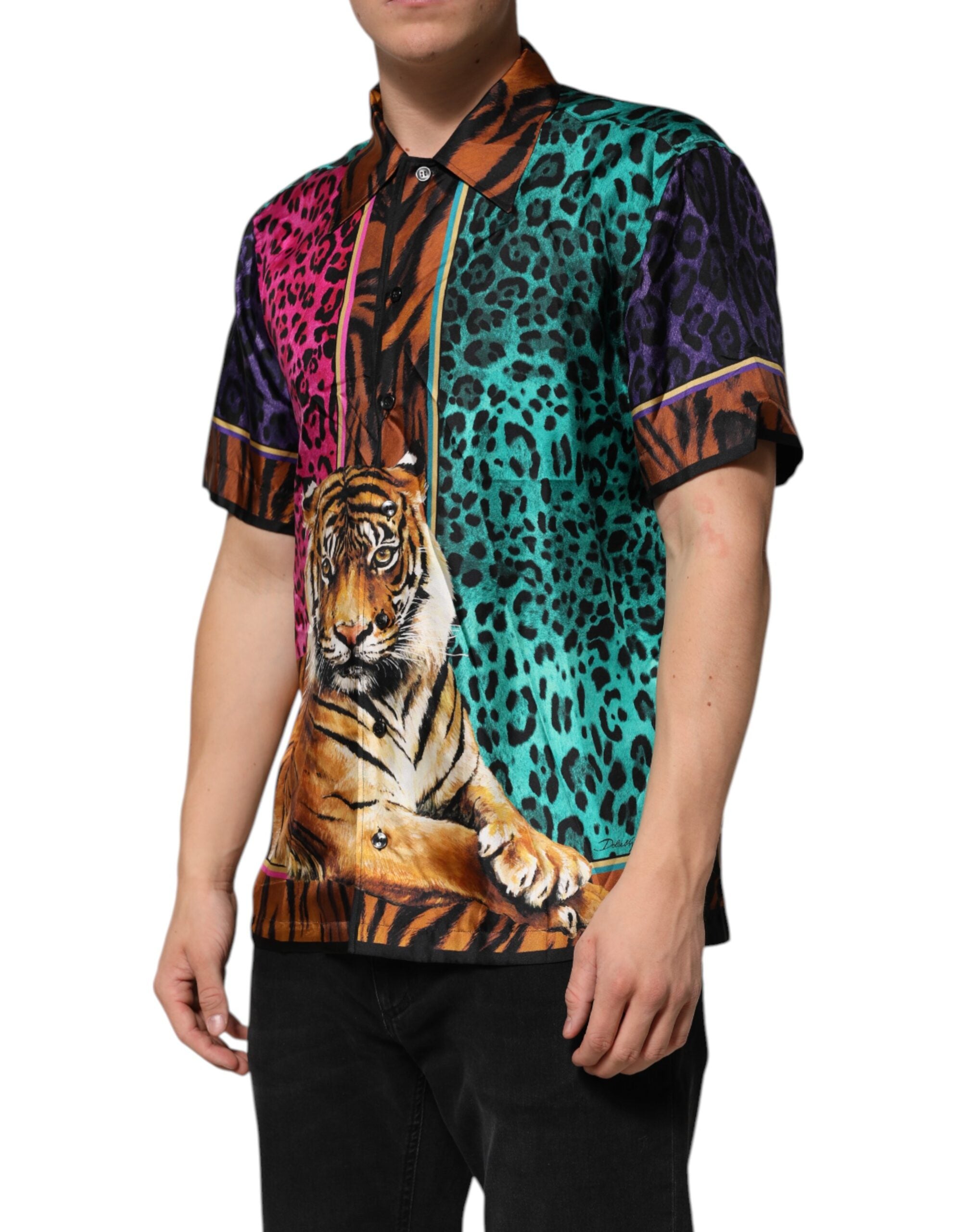 Multicolor Silk Tiger Print Hawaiian T-shirt - ventzia