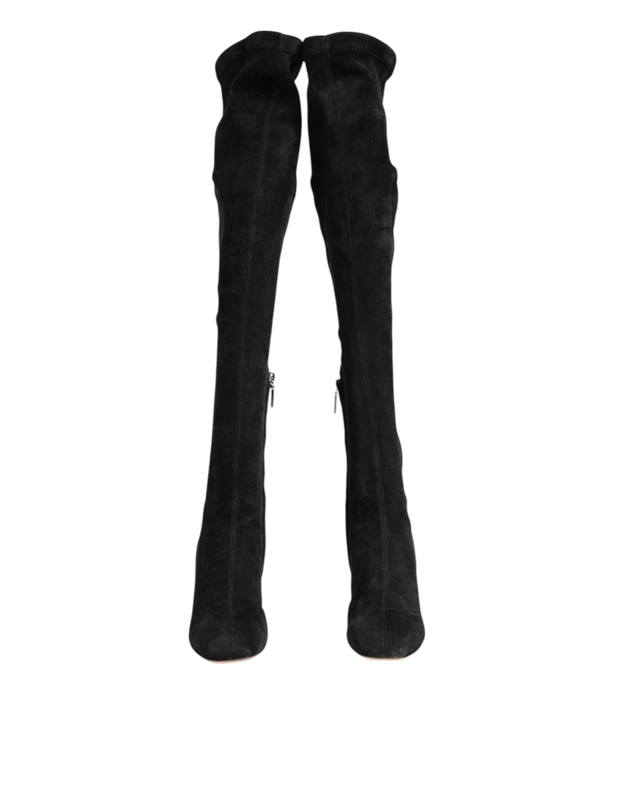 Black Suede Leather Knee High Boots Shoes - ventzia