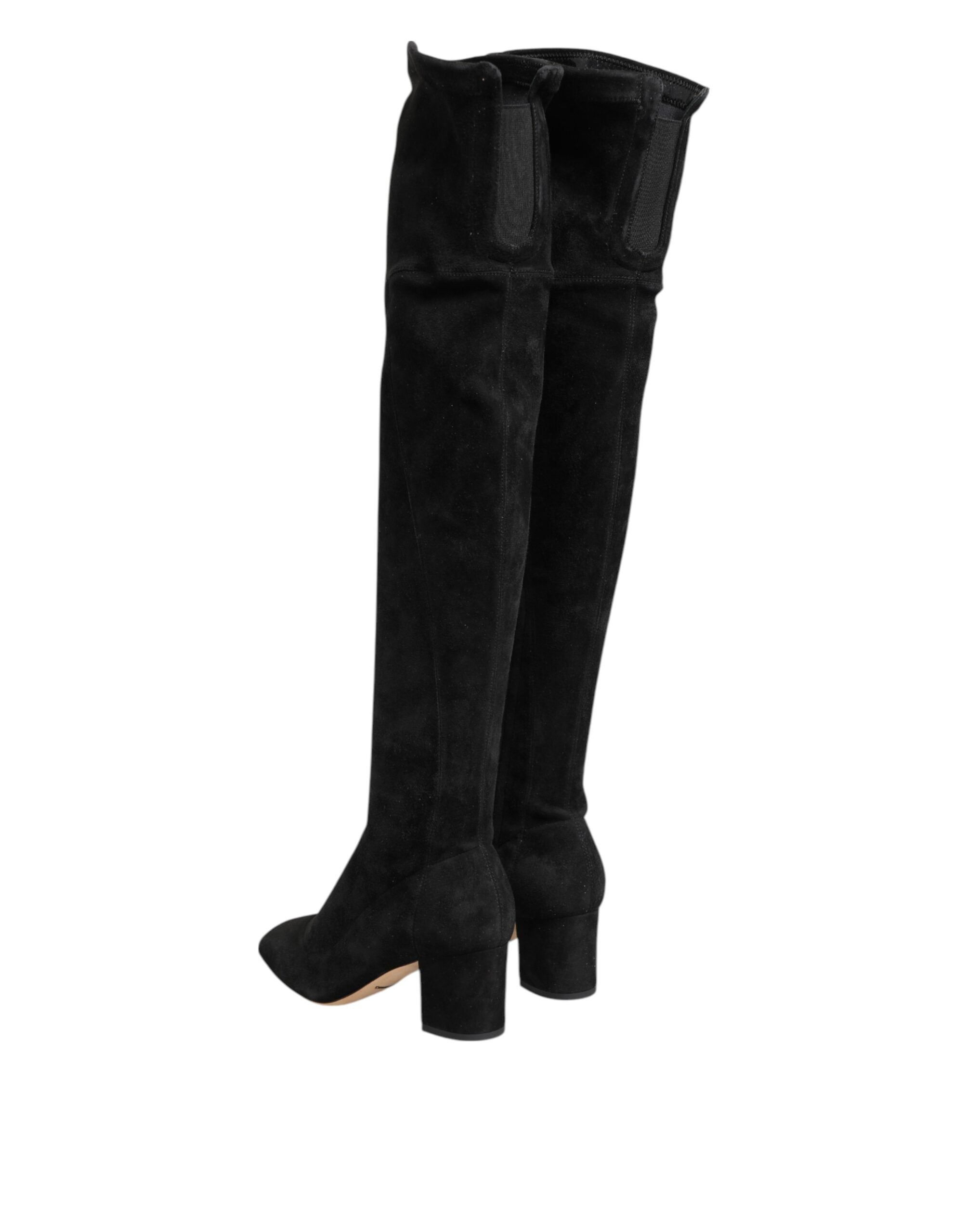 Black Suede Leather Knee High Boots Shoes - ventzia