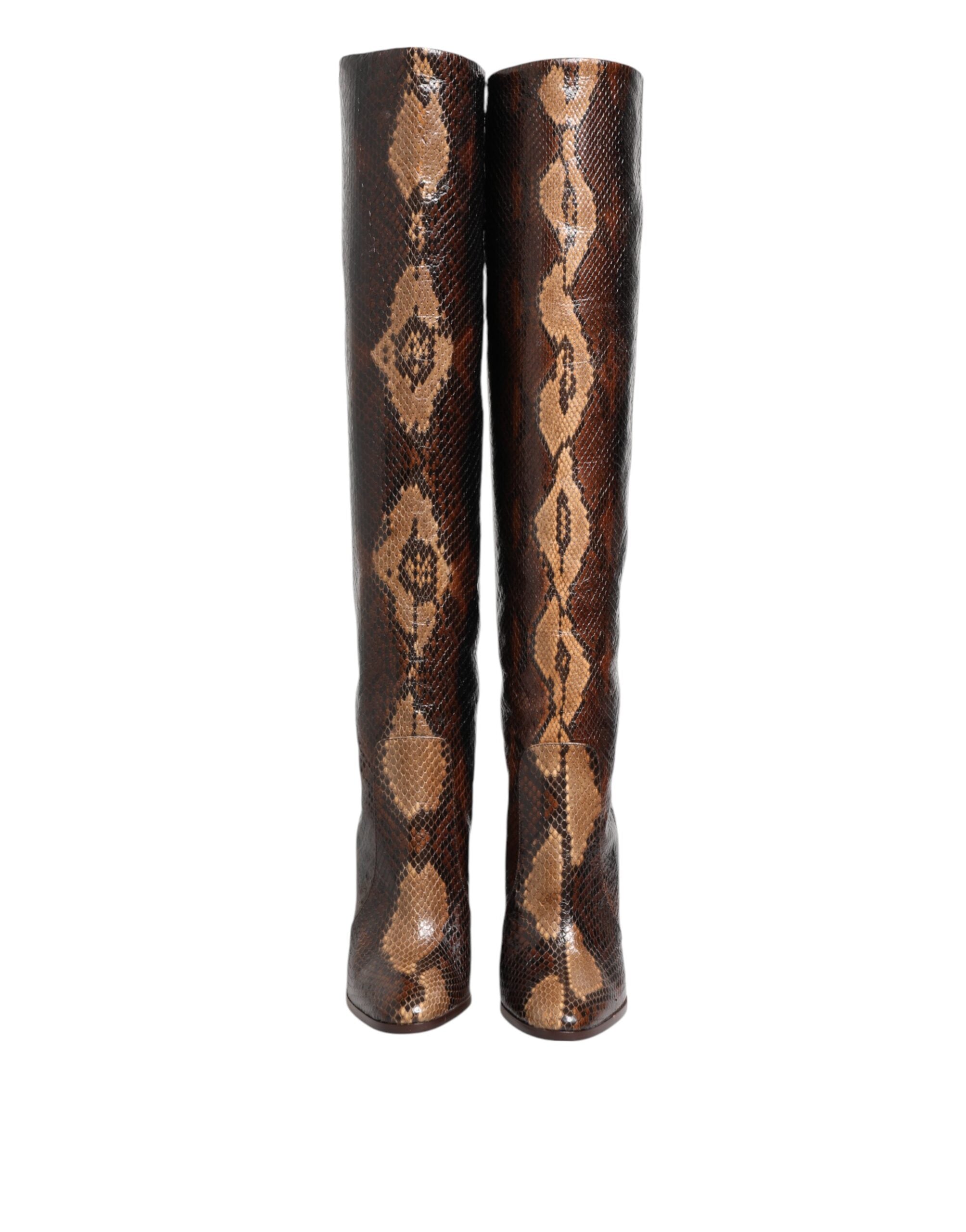 Brown Python Snakeskin Print Riding Boots Shoes - ventzia