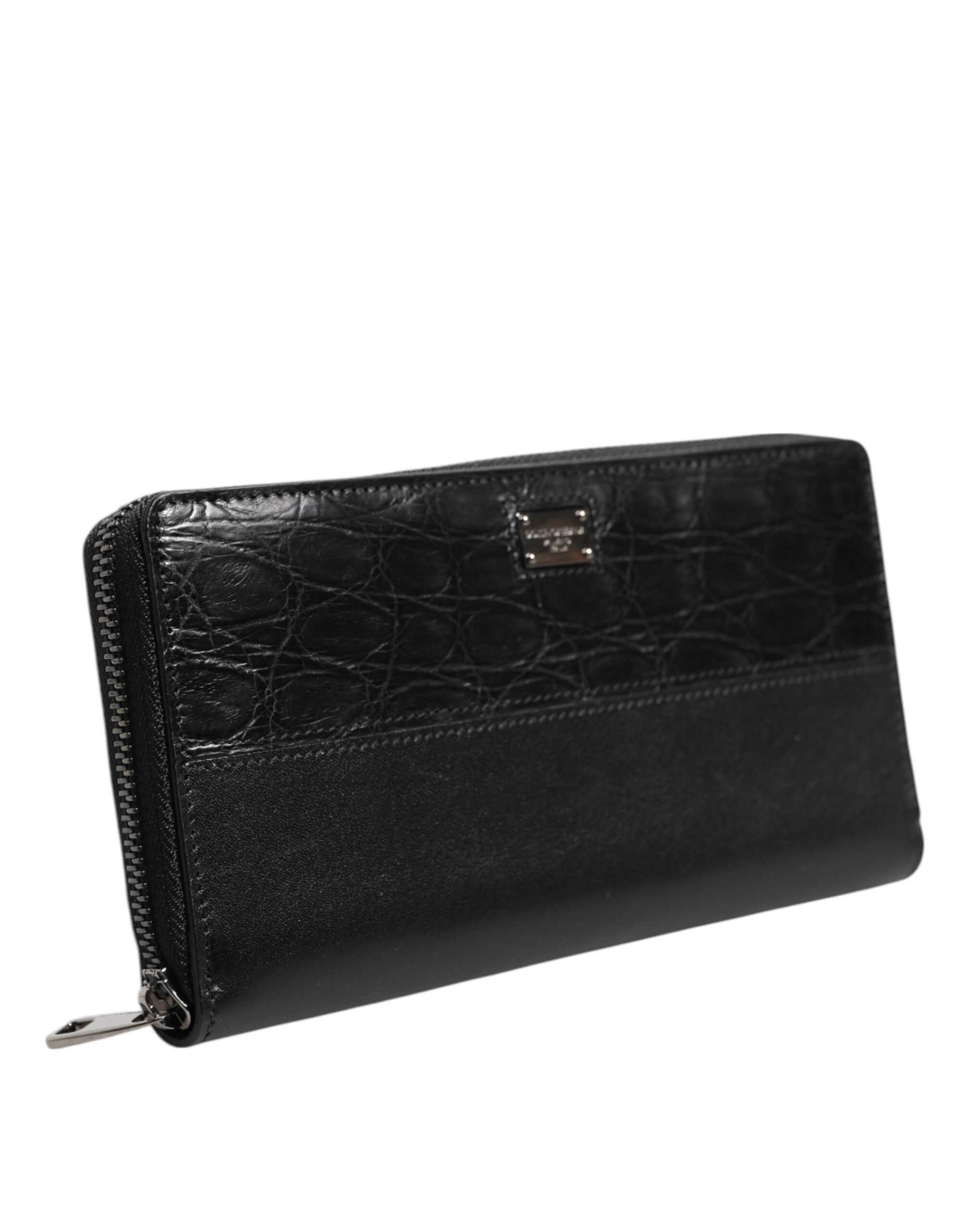 Black Leather Logo Plaque Zip Around Continental Wallet - ventzia