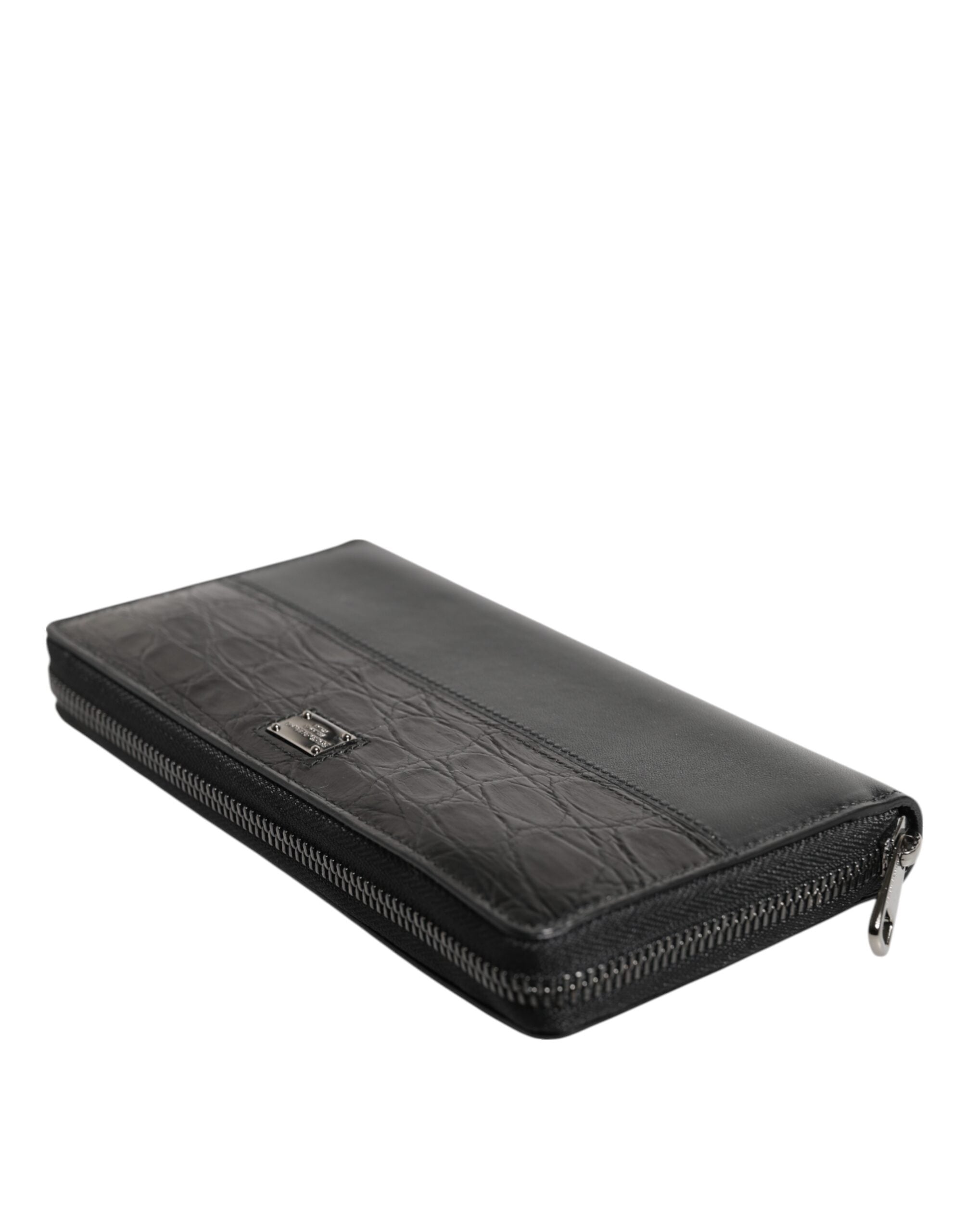 Black Leather Logo Plaque Zip Around Continental Wallet - ventzia